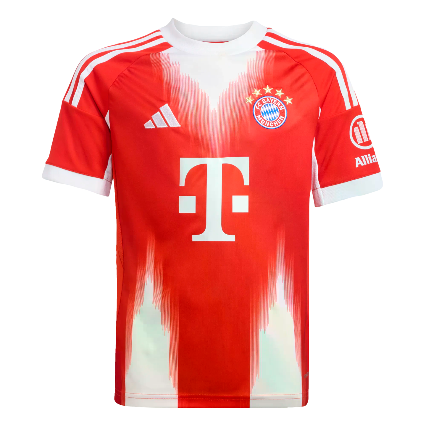 A red and white FC Bayern Munich soccer jersey featuring a large white "T" logo, club crest, and Adidas logo. Vertical white graphics fade from the bottom.