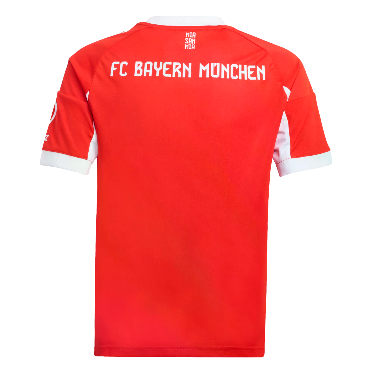 Back of a red FC Bayern München soccer jersey featuring white lettering and trim.