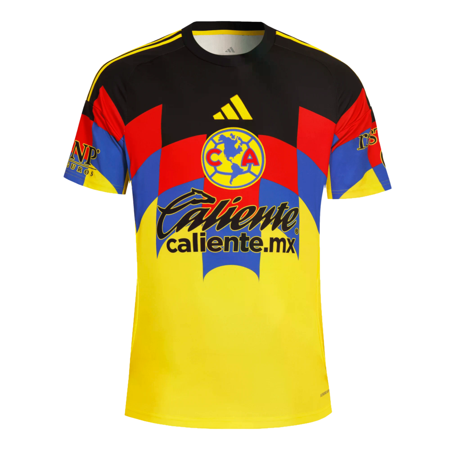 Club América soccer jersey with a black top, yellow lower half, and a blue and red checkered pattern featuring the team crest and Caliente sponsor logo.