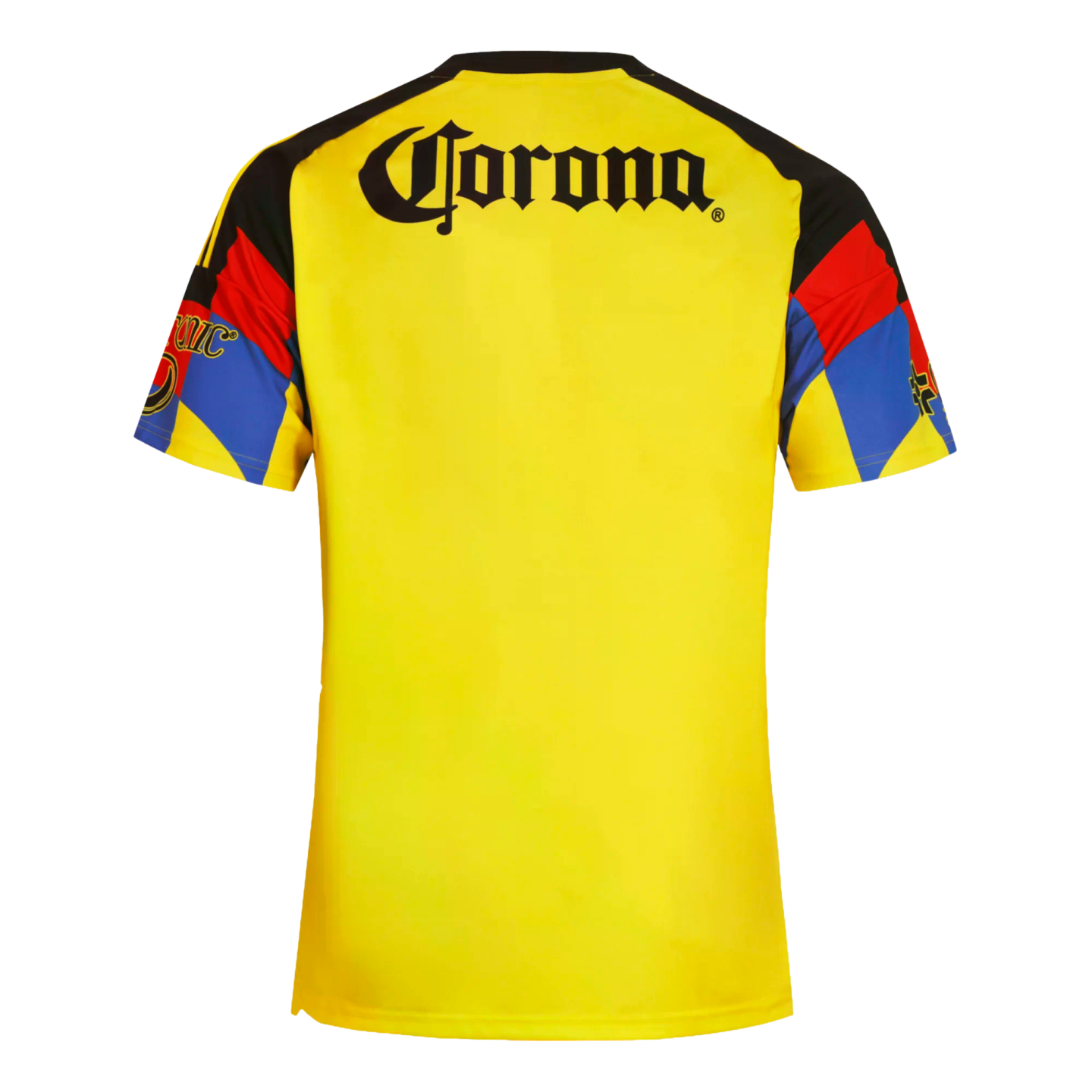 The back of a bright yellow soccer jersey with a black "Corona" logo across the shoulders and colorful geometric patterns on the sleeves.