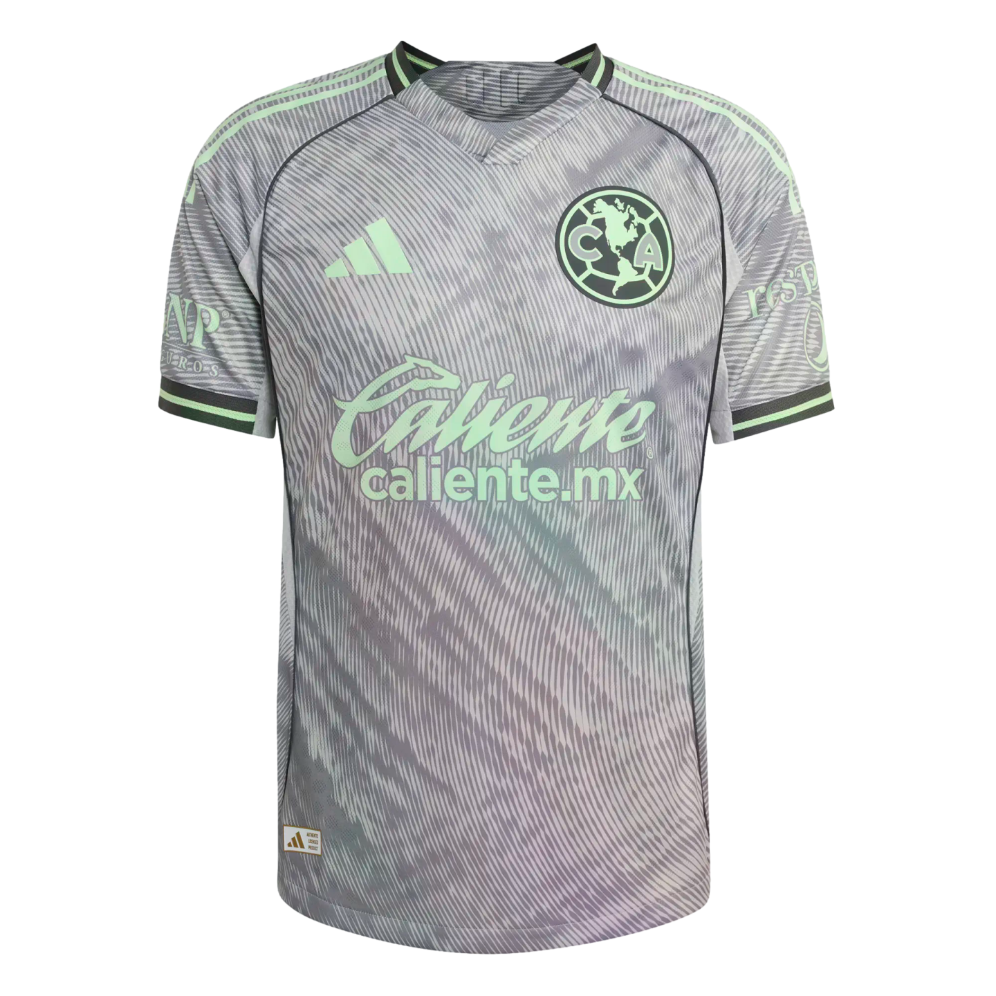 Club América third soccer jersey in grey with light green details, including the team crest and "Caliente.mx" sponsor logo.