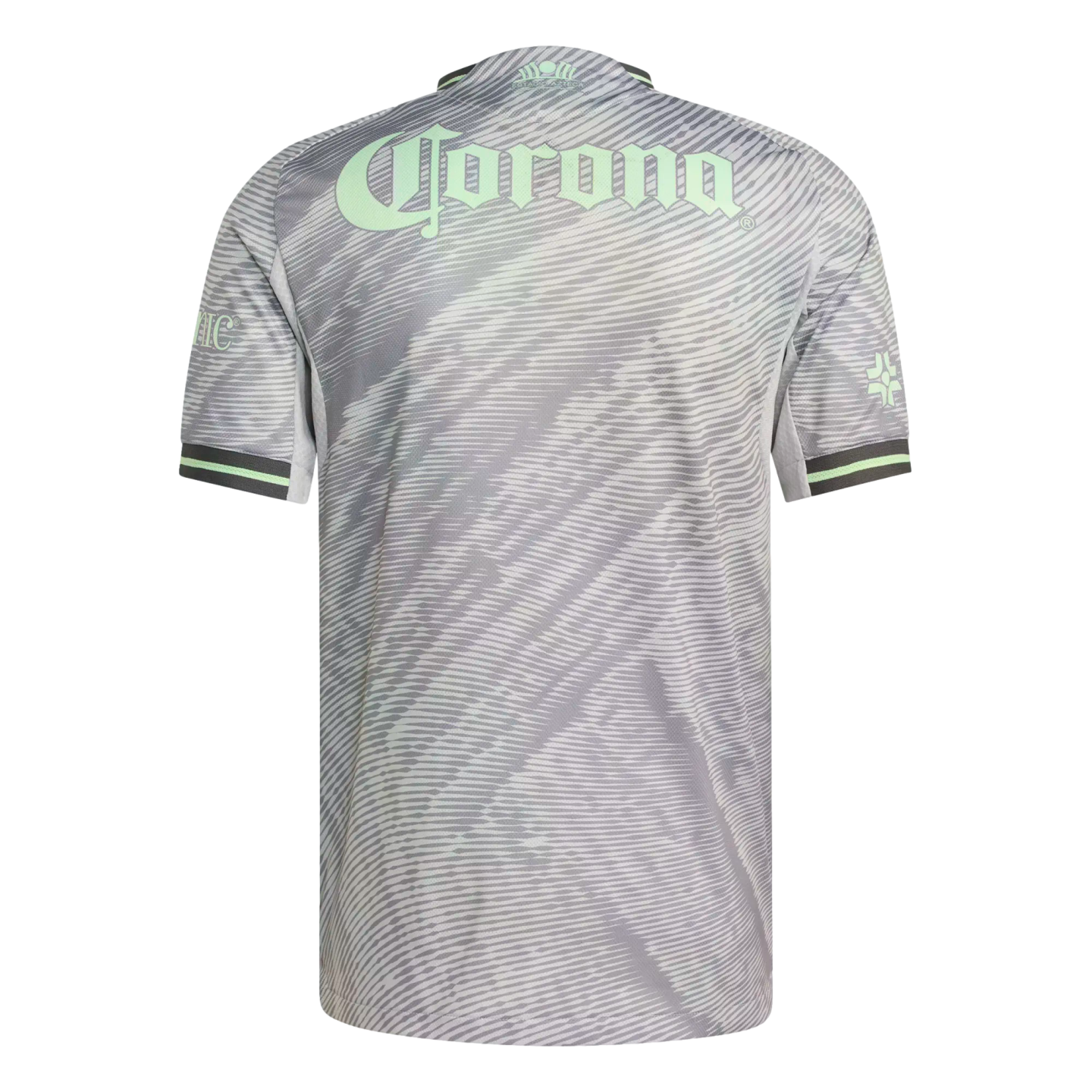 Back view of a grey patterned soccer jersey featuring a large light green Corona logo and matching trim on the sleeves, set against a solid black background.