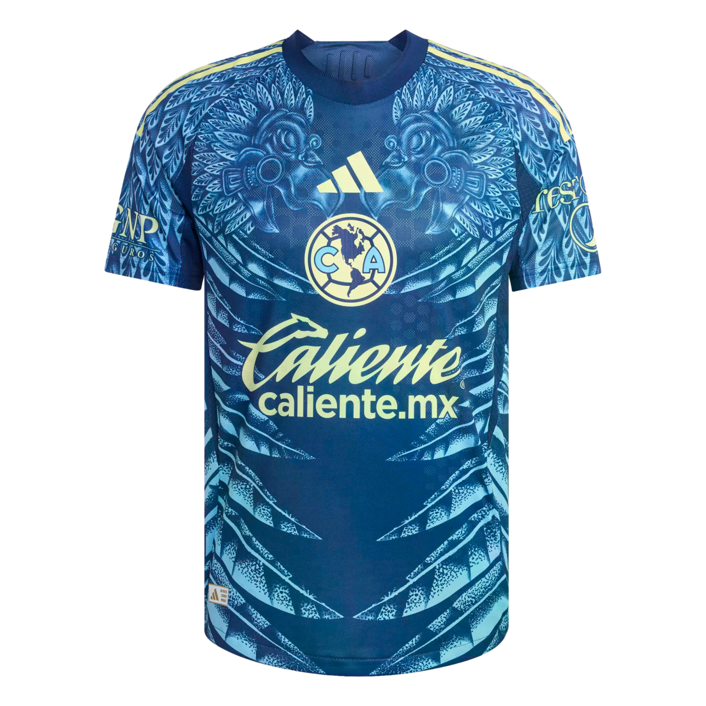 Club América navy and teal training jersey by Adidas, featuring an intricate eagle feather graphic and yellow sponsor logos.