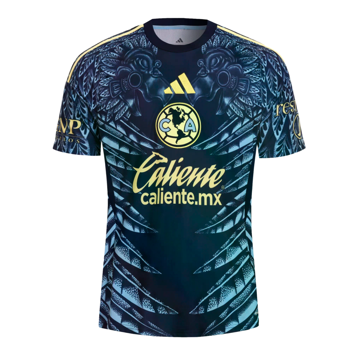 Navy and teal Club América soccer jersey featuring yellow logos and large eagle head and feather patterns across the front.