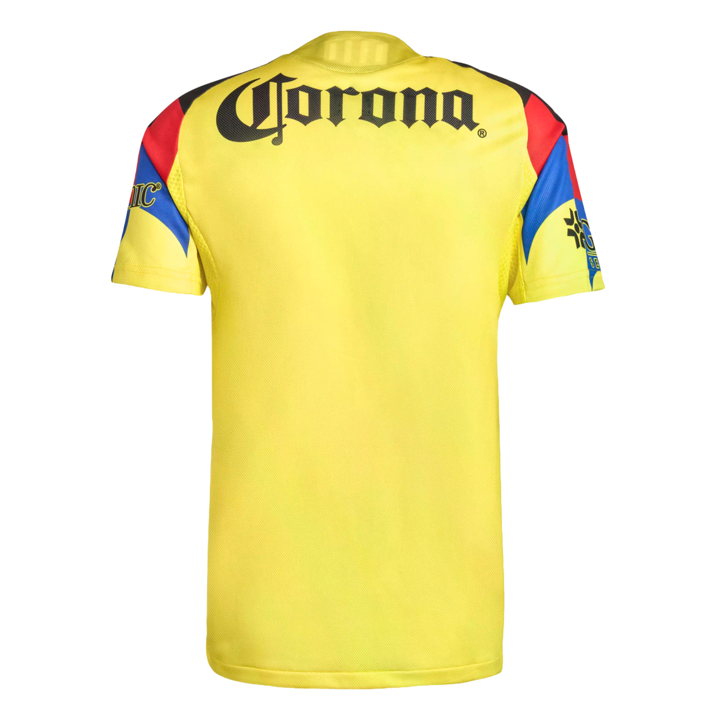 The back of a yellow soccer jersey featuring the black "Corona" logo across the upper back. The short sleeves have red, blue, and black geometric patterns and additional branding.