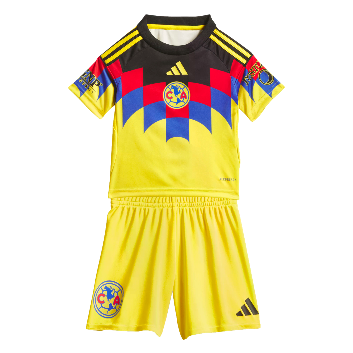 Adidas Club América youth soccer kit: yellow jersey with a red and blue geometric design and matching yellow shorts. Both display the club crest and Adidas logo.