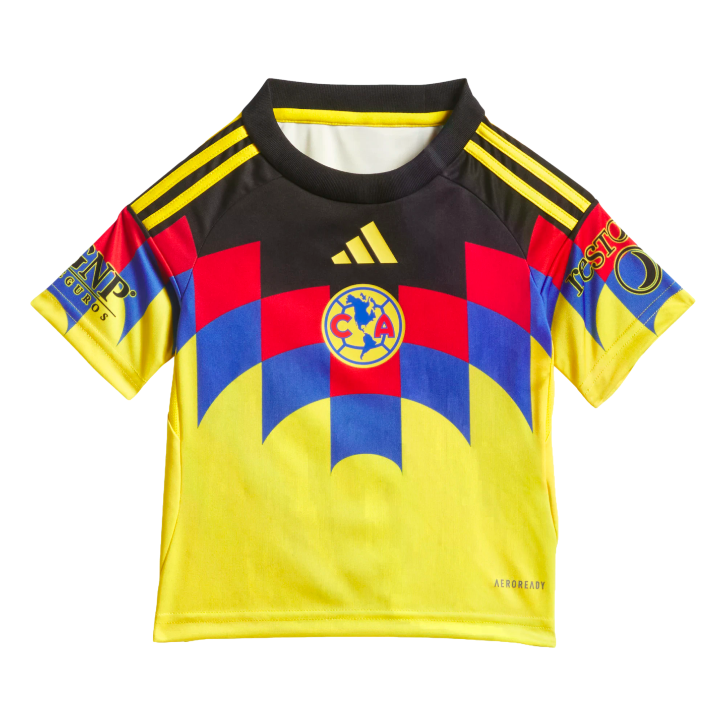 A yellow Adidas Club América youth soccer jersey with black shoulders and a red and blue geometric chest pattern surrounding the team's crest.