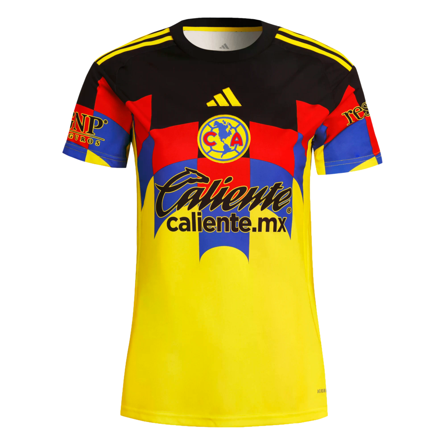 Club América Adidas soccer jersey featuring a yellow body, black chest, and red, blue, and yellow geometric patterns. Includes the club crest and sponsor logos.