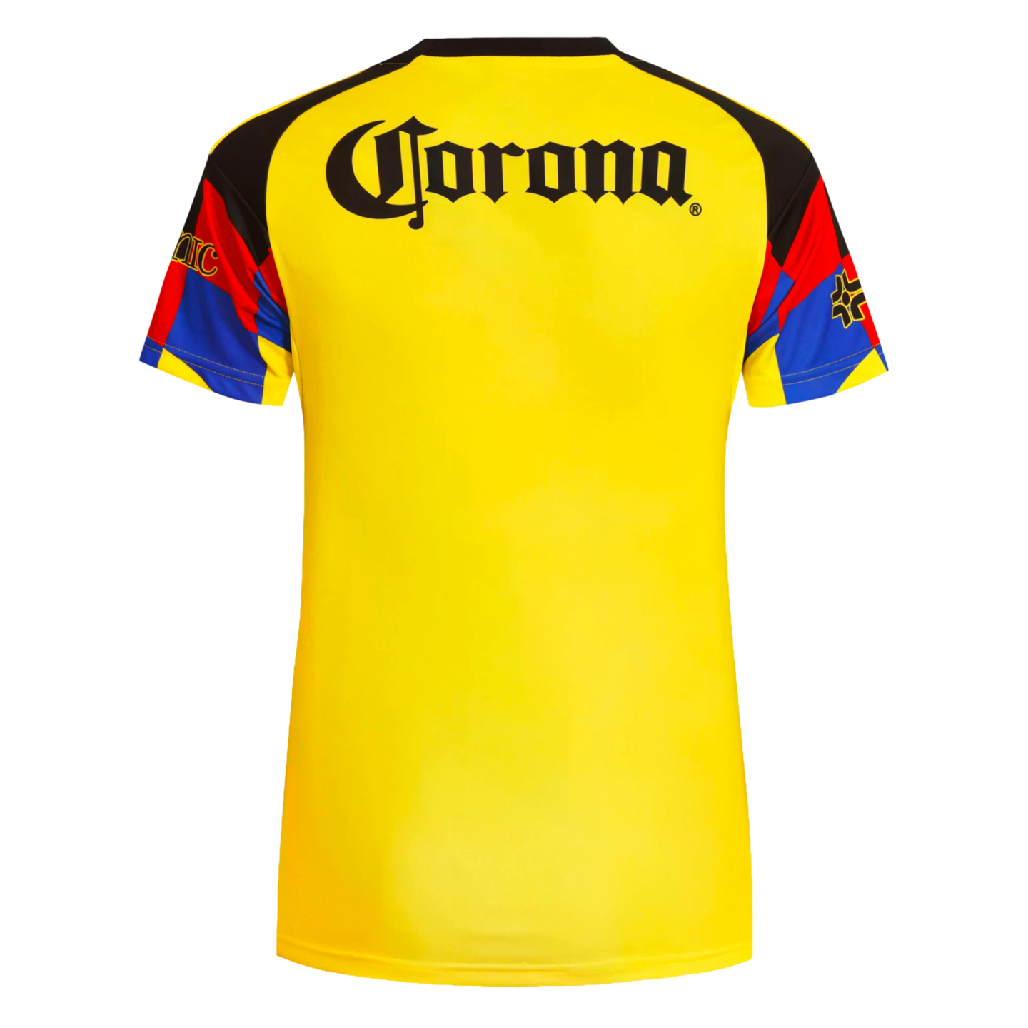 Back view of a yellow sports jersey with a black 'Corona' logo across the shoulders and colorful, multi-colored patterned sleeves.