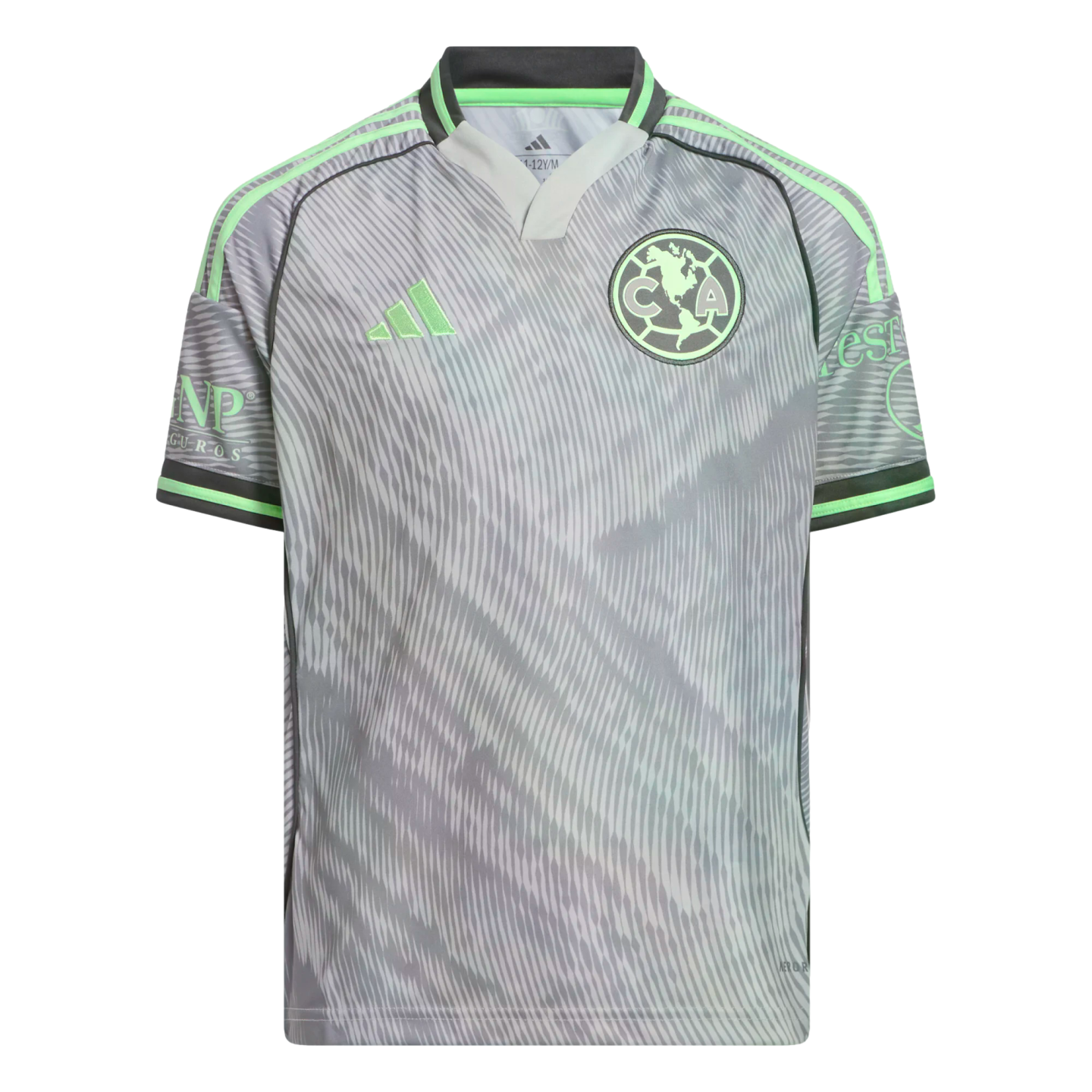 A grey Adidas Club América soccer jersey with neon green accents on the shoulders and collar. It features a subtle wavy pattern and the team crest on the left chest.