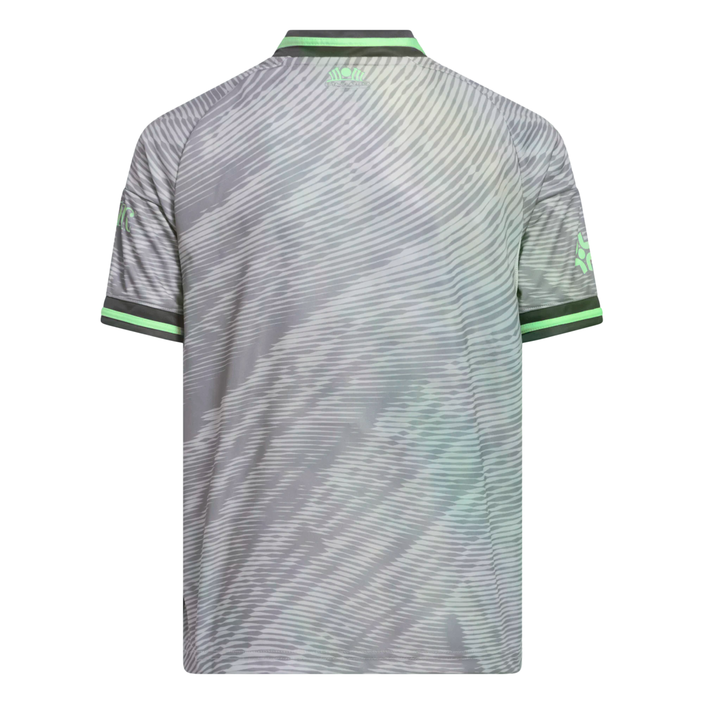 Rear view of a gray short-sleeve athletic jersey featuring wavy diagonal patterns and bright neon green trim on the collar and sleeves.
