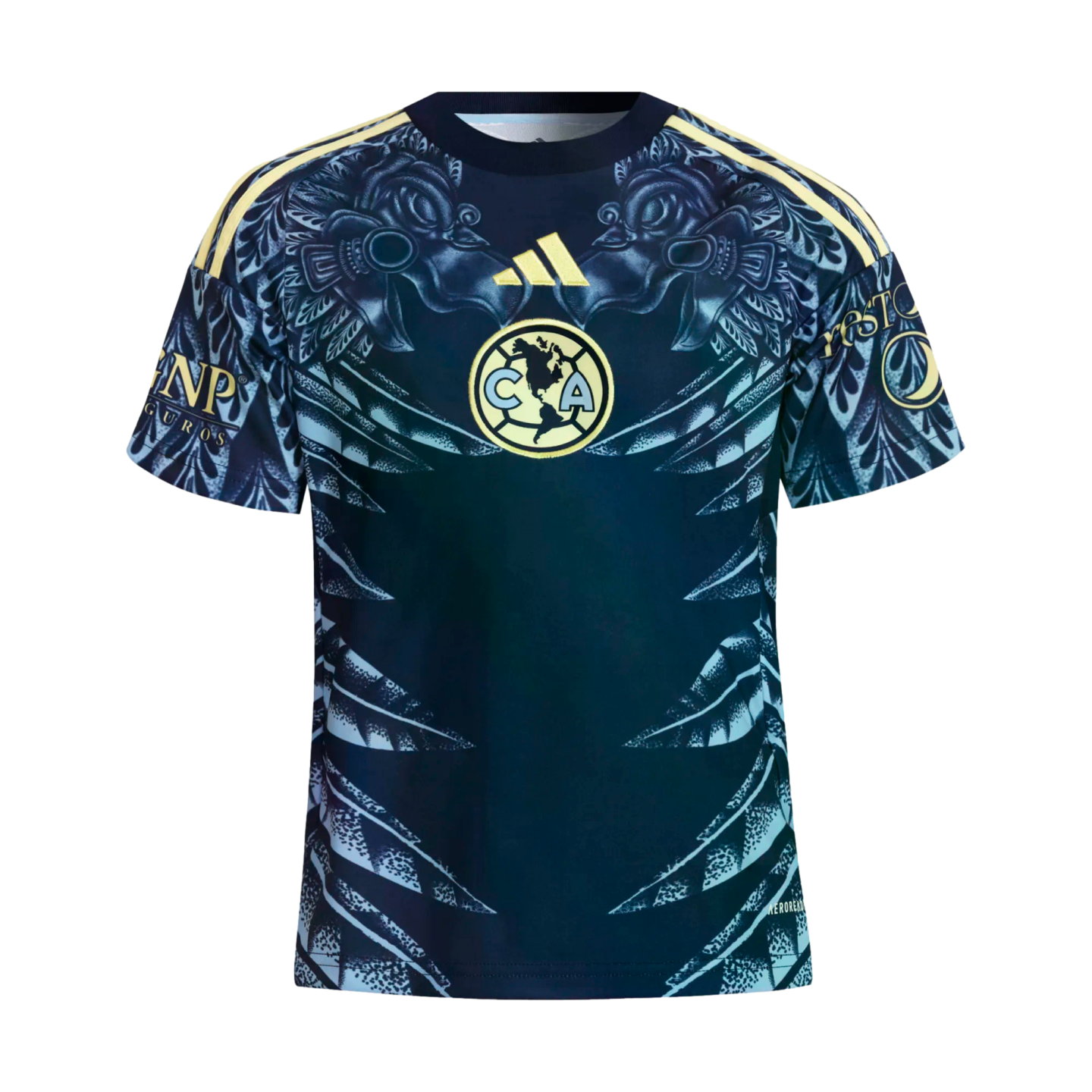 Dark blue Club América soccer jersey featuring light blue Aztec-inspired eagle graphics, a central club crest, and yellow Adidas logo and shoulder stripes.