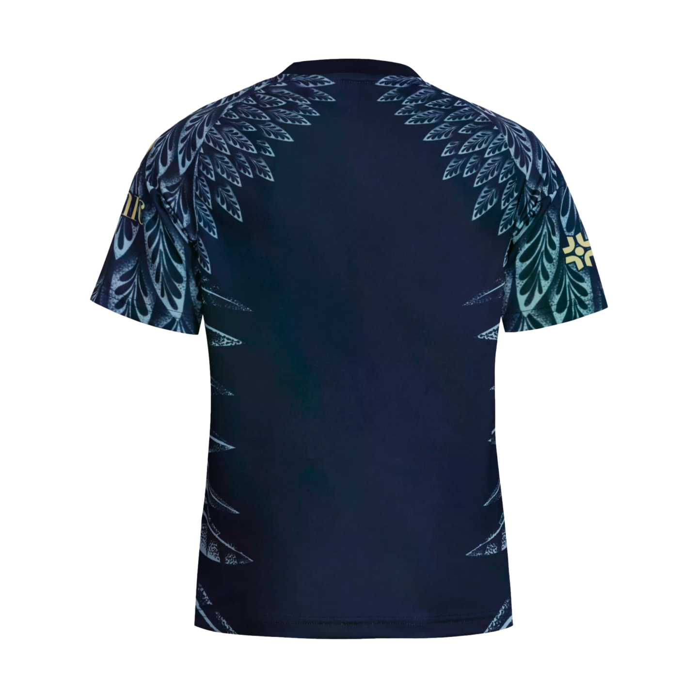 The back of a navy blue athletic shirt featuring ornate light blue feather-like patterns on the shoulders and sides, with gold sleeve logos, against a black background.