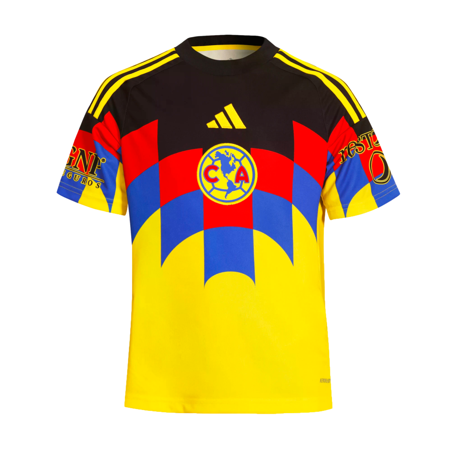 Club América soccer jersey featuring a yellow, blue, and red checkered design on a black and yellow base with an Adidas logo and team crest.