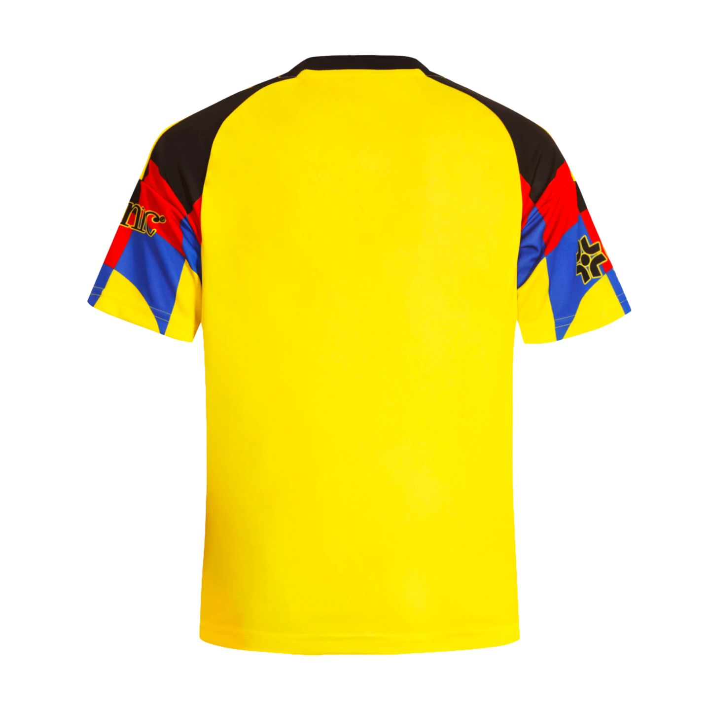 The back of a bright yellow sports jersey featuring multi-colored raglan sleeves with black, red, and blue geometric patterns.