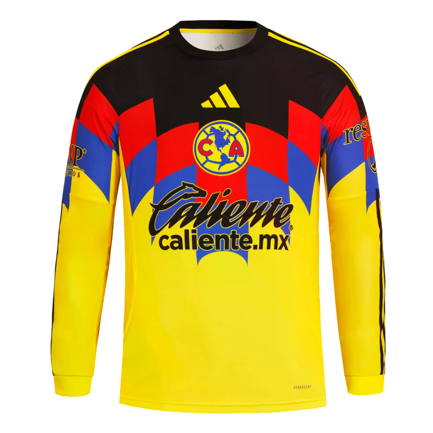 Adidas yellow long-sleeved Club América goalkeeper jersey featuring black, red, and blue geometric patterns on the chest, the club crest, and sponsor logos.