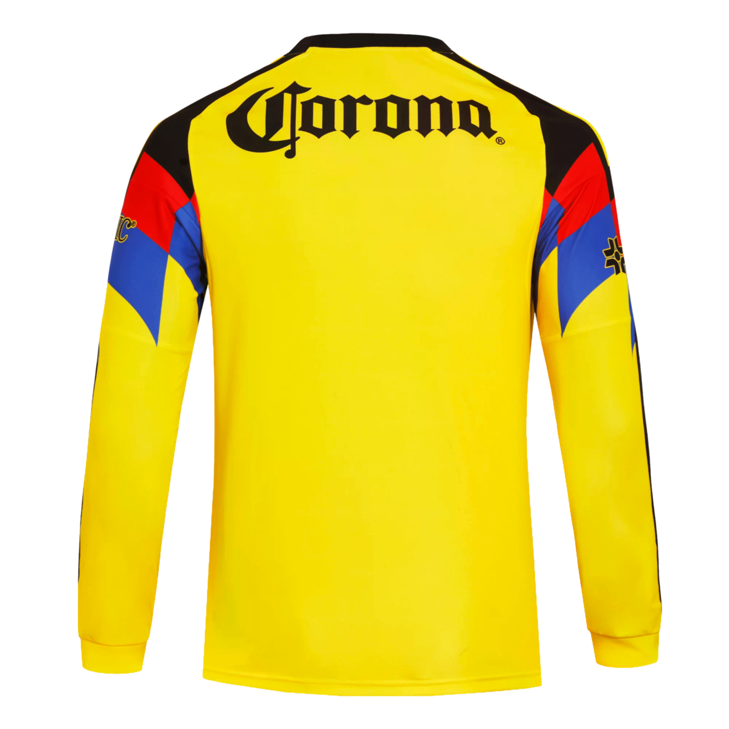 Back view of a yellow long-sleeved jersey with a black Corona logo and black, red, and blue geometric patterns on the shoulders and upper sleeves.