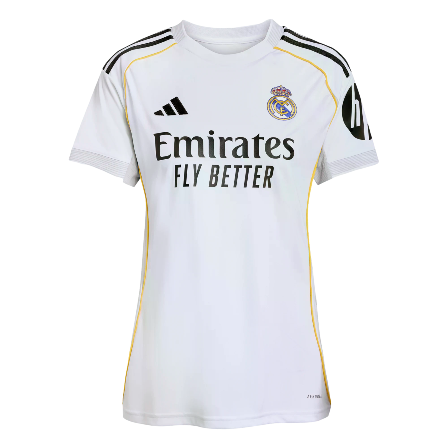 White Real Madrid 2024-25 home football jersey featuring gold piping, Adidas stripes, the club crest, and Emirates sponsorship.