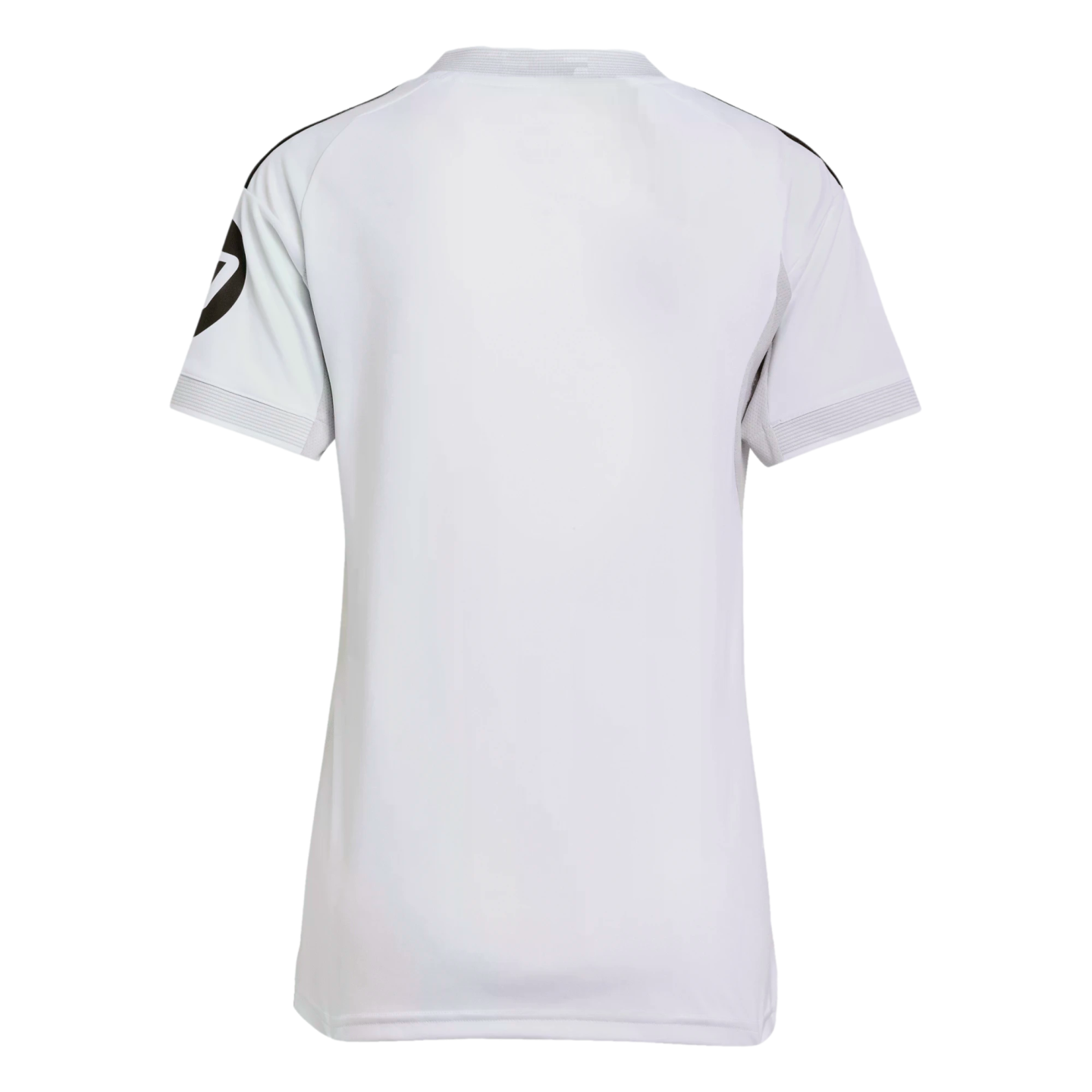 Back view of a white short-sleeved athletic jersey with black shoulder stripes and a black logo on the left sleeve.