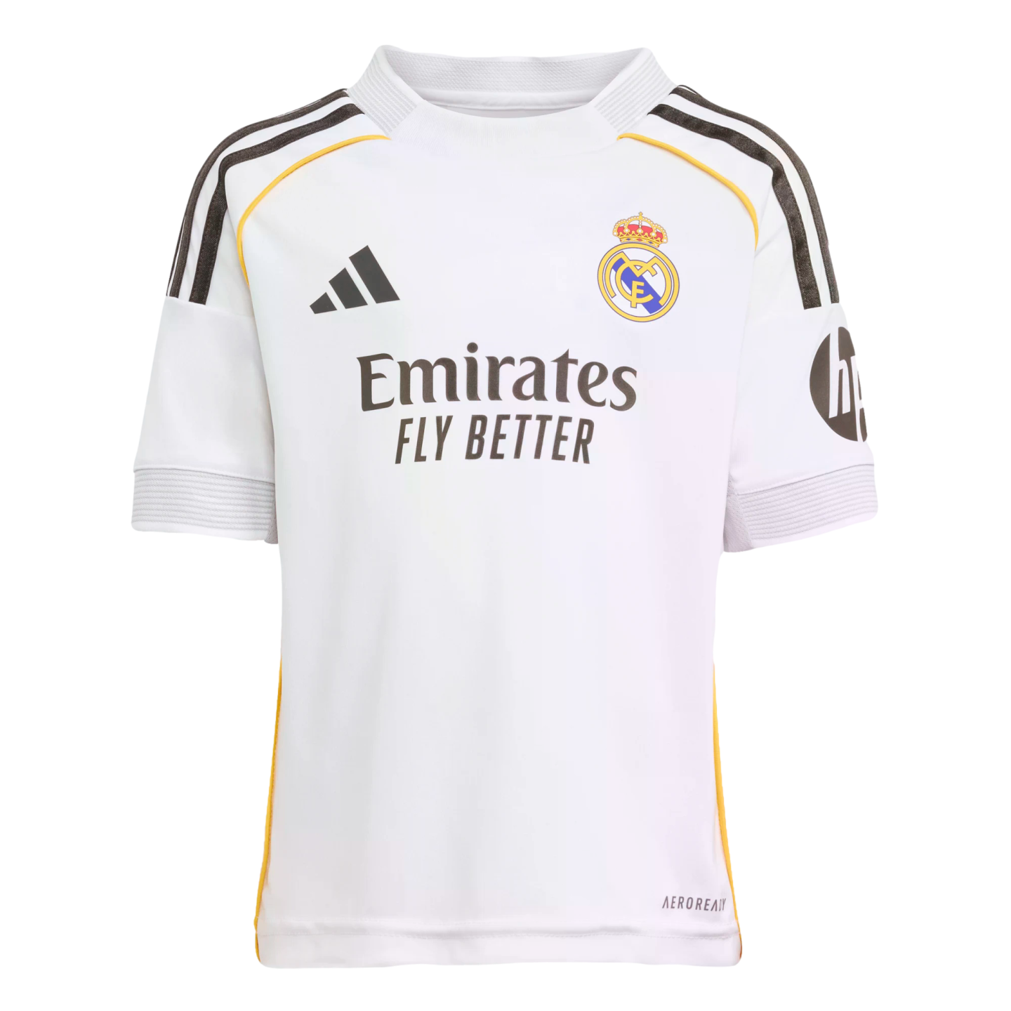 A white Real Madrid home jersey with black shoulder stripes, gold trim, the club crest, and Emirates and HP sponsorship logos.