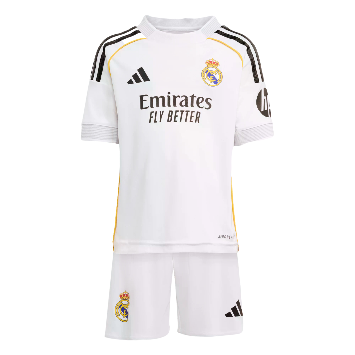 White Real Madrid 2024-25 home youth football kit, featuring jersey and shorts with the club crest, Adidas logo, and sponsor branding.