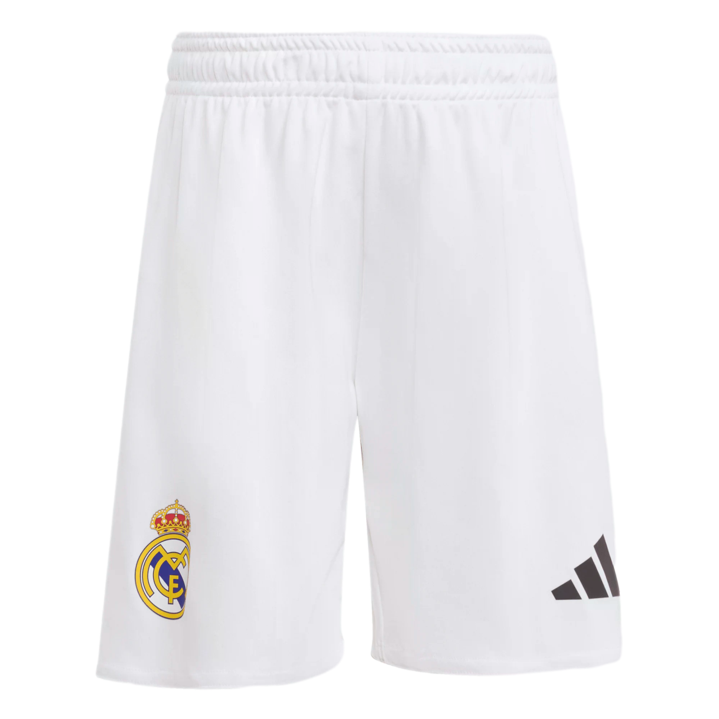 White Real Madrid soccer shorts featuring the club's crest on one leg and a black Adidas logo on the other.