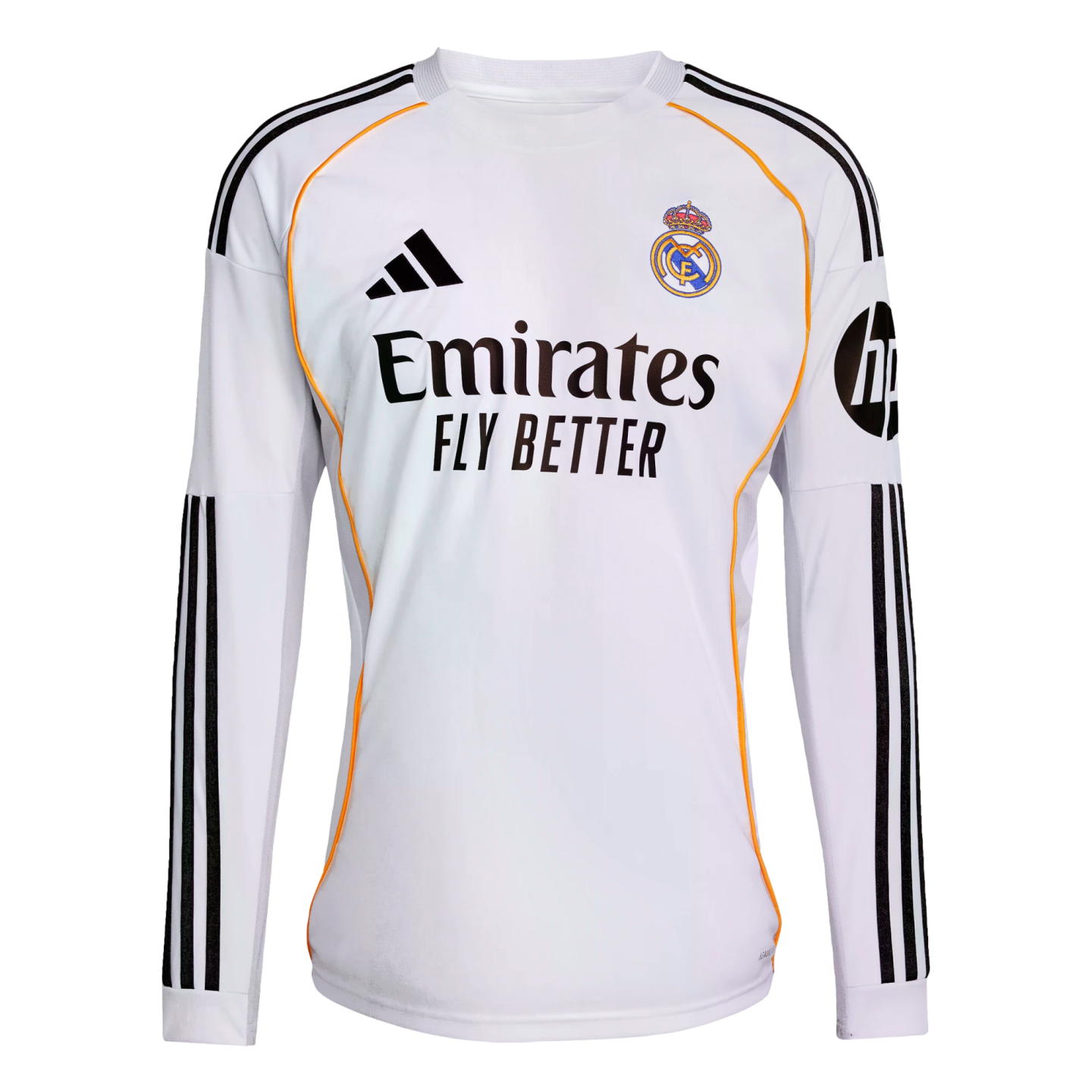White long-sleeved Real Madrid soccer jersey with black stripes, orange piping, and sponsor logos including Adidas, Emirates, and HP.
