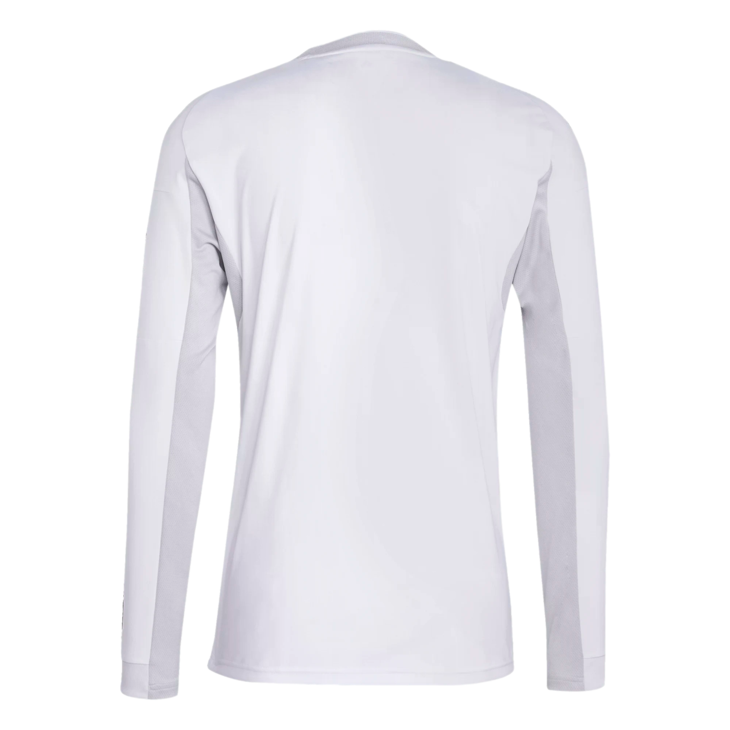 Back view of a pale grey long-sleeved performance shirt with dark grey mesh underarm panels and ribbed cuffs.