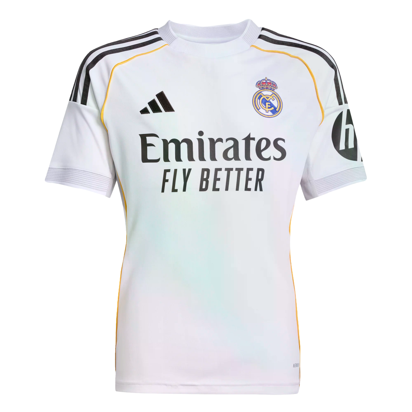 White Real Madrid home jersey with black Adidas stripes, club crest, and "Emirates FLY BETTER" sponsor. Includes gold trim and an HP logo on the sleeve.