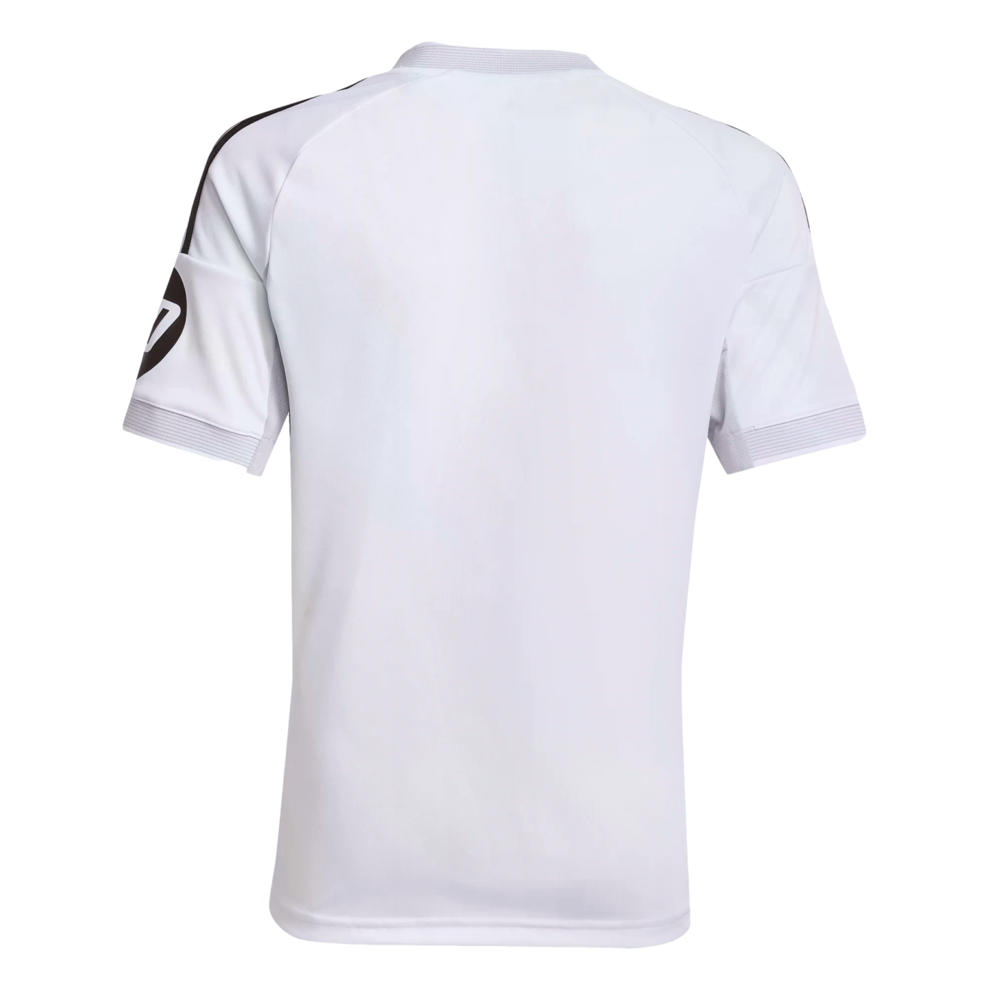 Rear view of a white short-sleeved athletic jersey featuring black stripes on the shoulders and a logo on the left sleeve.