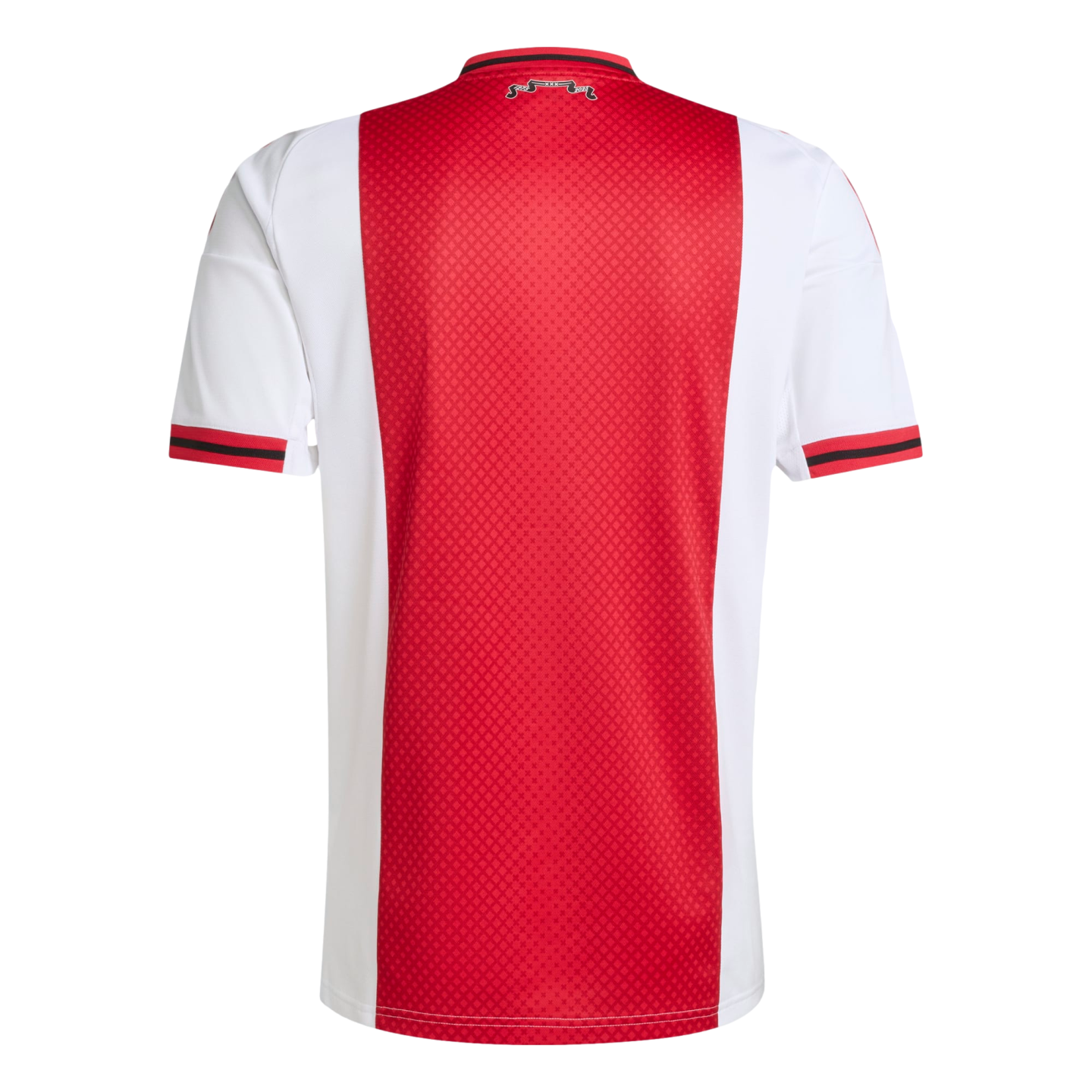 Back of an Ajax home jersey featuring a wide red vertical stripe with a diamond texture, white sleeves, and red/black striped trim on the collar and cuffs.