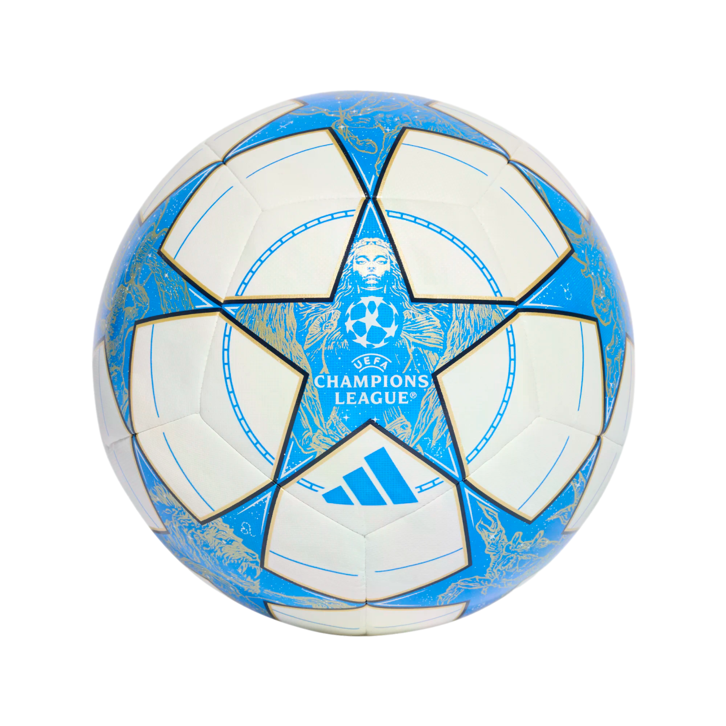 Adidas UEFA Champions League soccer ball with white panels and a blue star design featuring intricate gold patterns.