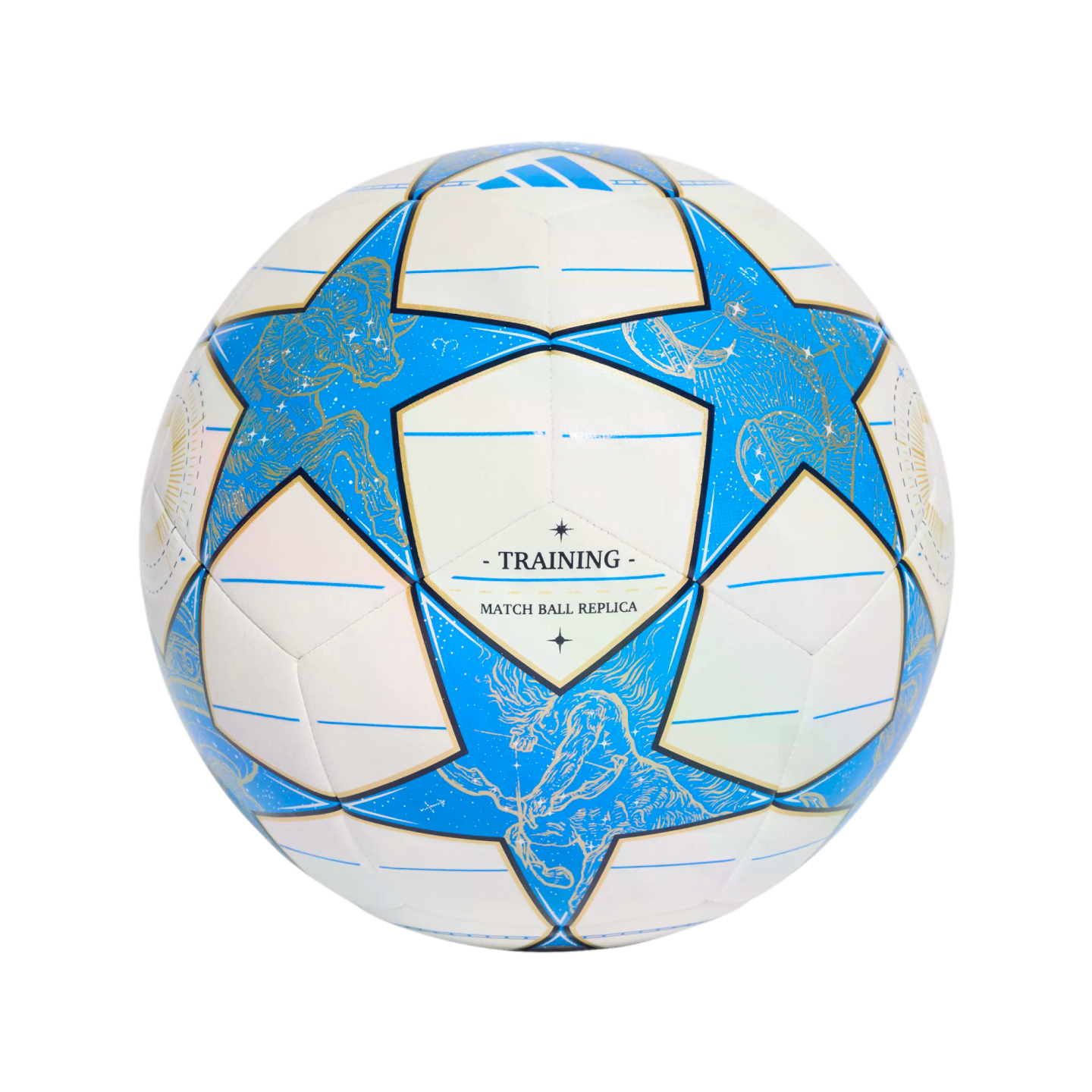 White Adidas soccer ball featuring blue stars with gold-etched zodiac designs. Text in the center reads "TRAINING - MATCH BALL REPLICA".