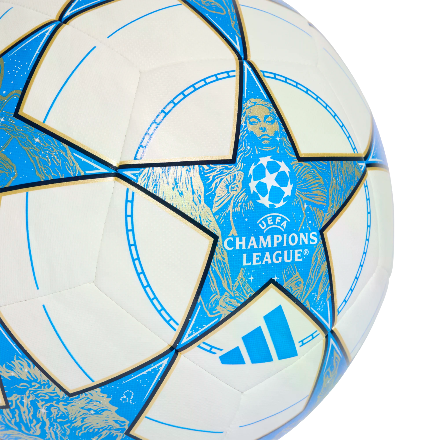 An Adidas UEFA Women's Champions League official match ball, featuring white and blue star panels with gold accents and a graphic of a woman's figure.