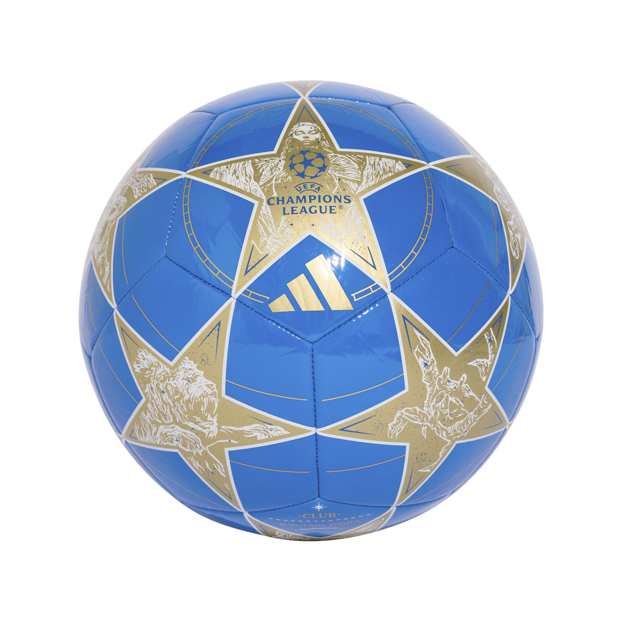 Blue Adidas UEFA Champions League replica soccer ball with gold star-shaped panels featuring intricate lion and figure designs.