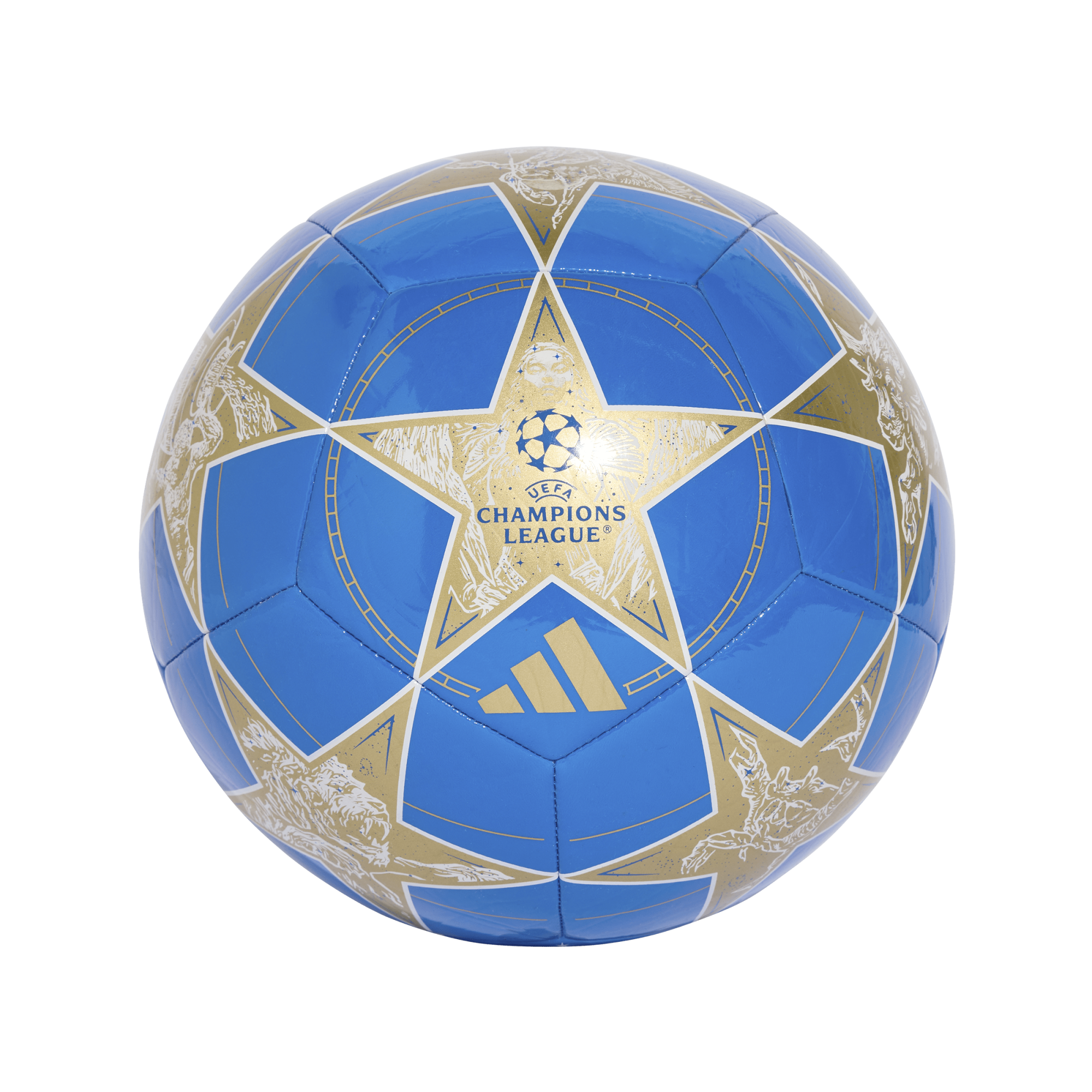 A blue and gold Adidas UEFA Champions League soccer ball featuring the iconic star-panel design and official tournament logos.