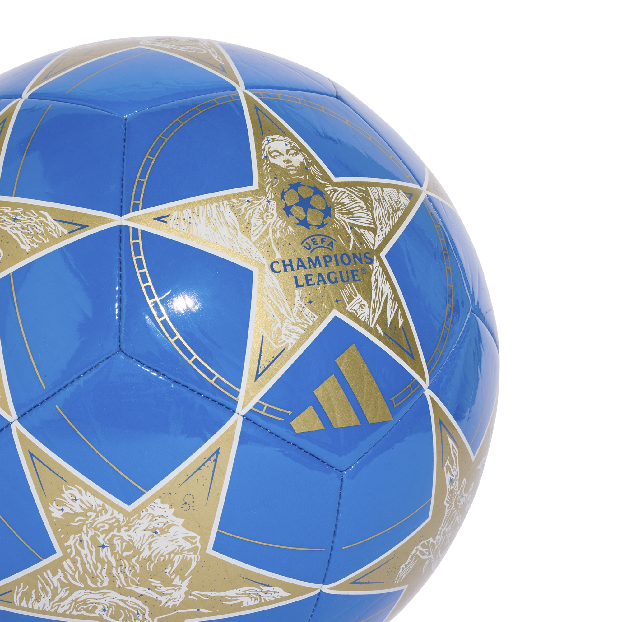 A blue soccer ball featuring gold and white stars with intricate illustrations, the UEFA Champions League logo, and a gold Adidas logo.