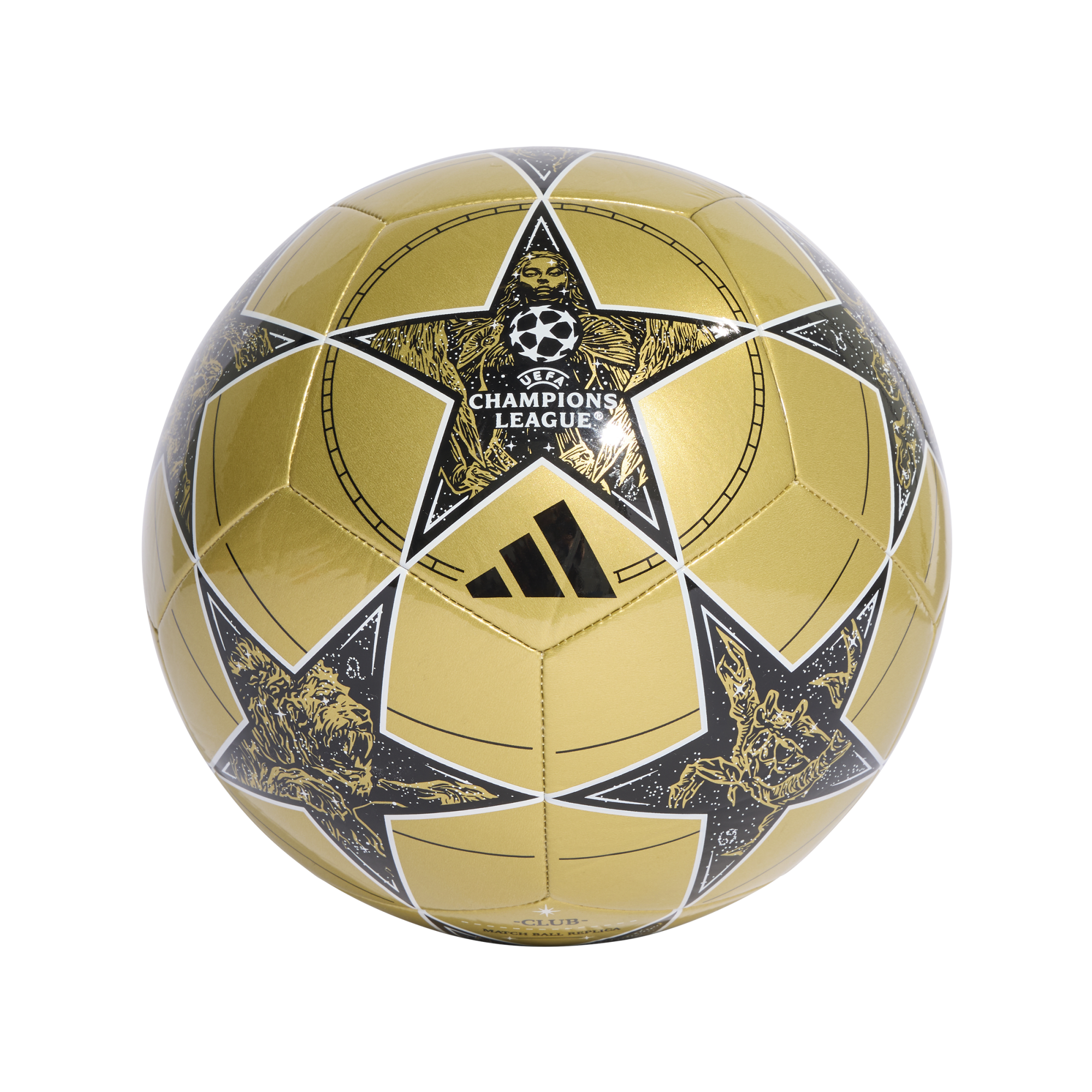 Gold UEFA Champions League replica soccer ball with black star-shaped panels featuring intricate illustrations and the Adidas logo, set against a black background.