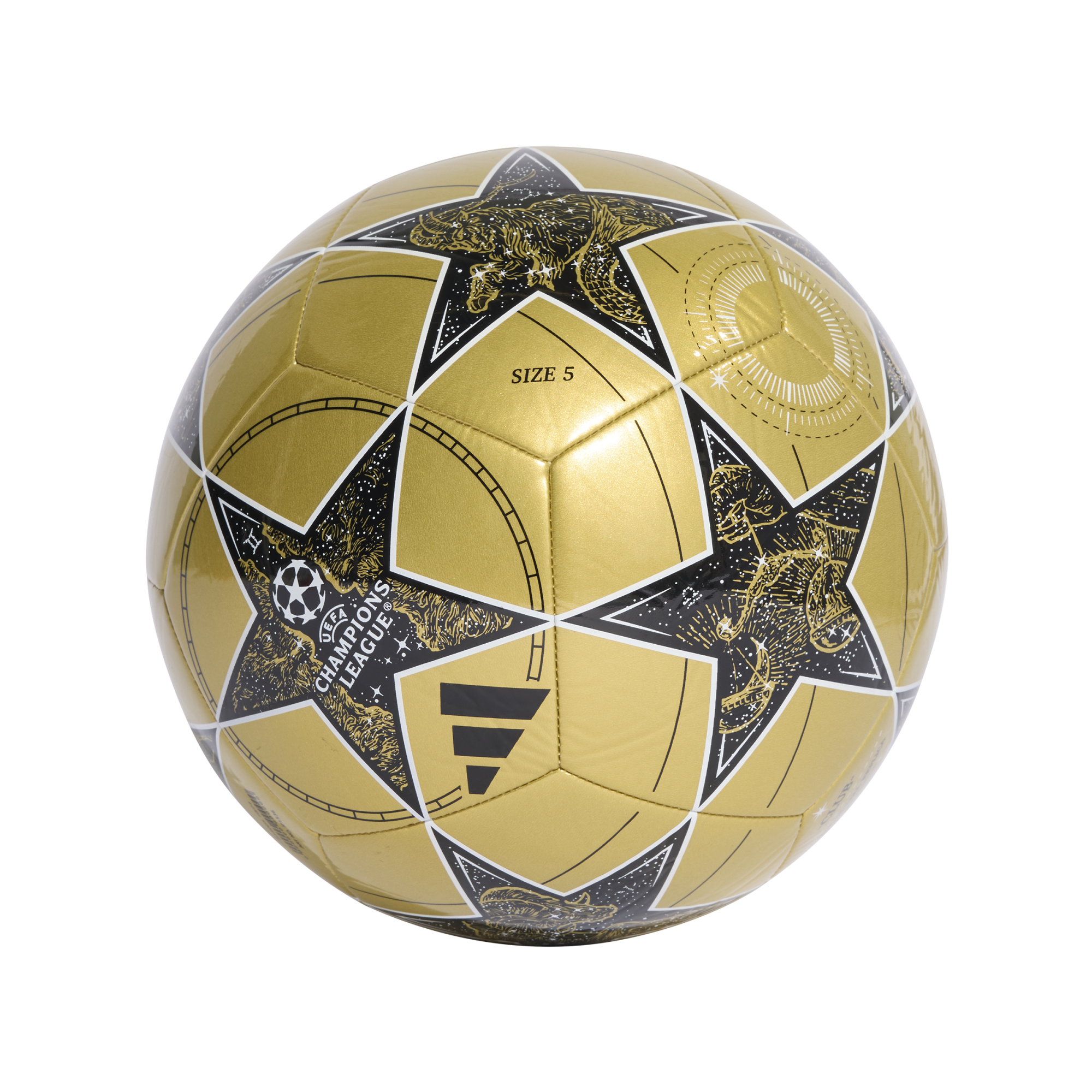 A gold UEFA Champions League soccer ball featuring black star panels with intricate celestial illustrations and the Adidas logo.