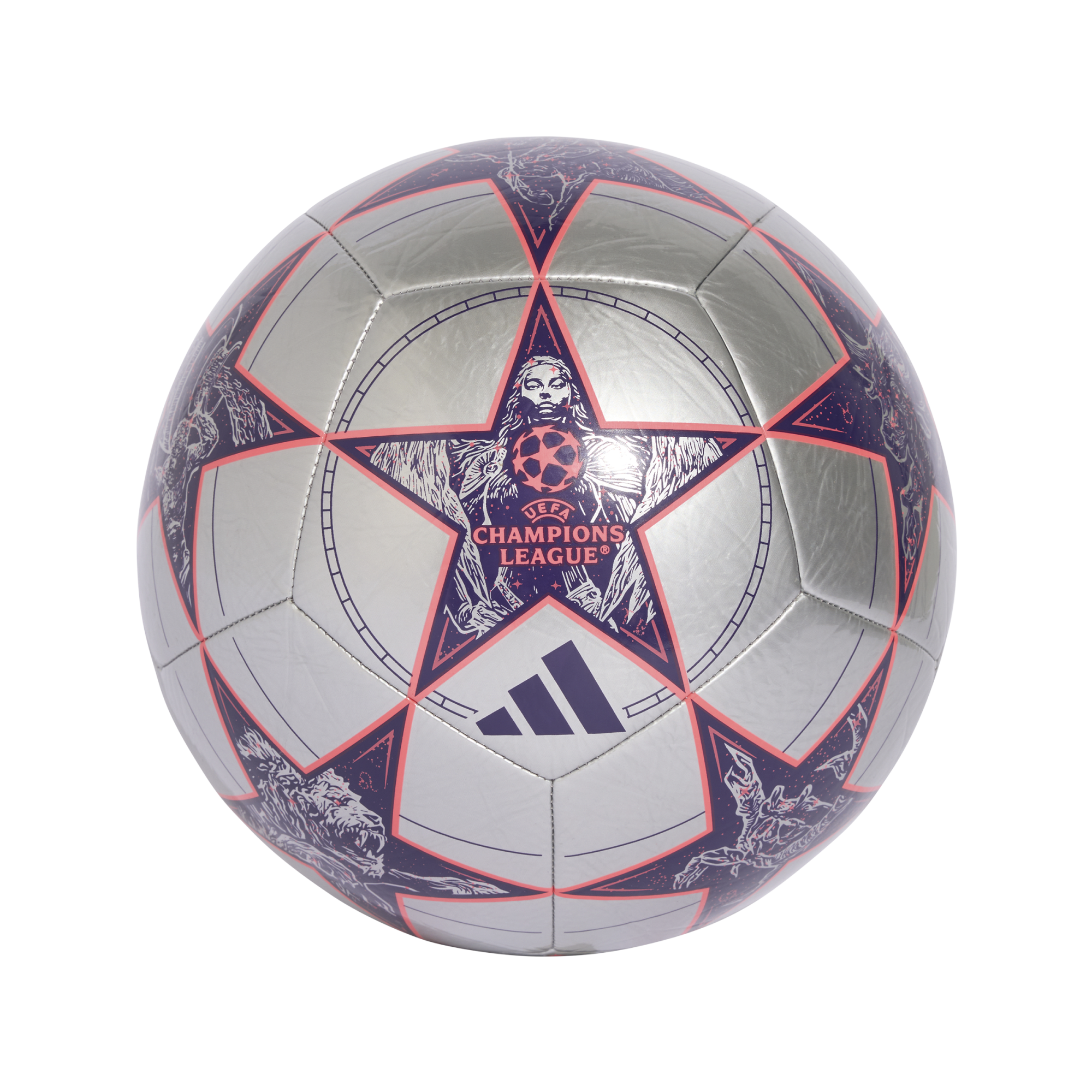 Silver Adidas UEFA Champions League football with purple and pink stars featuring detailed lion and athlete illustrations.