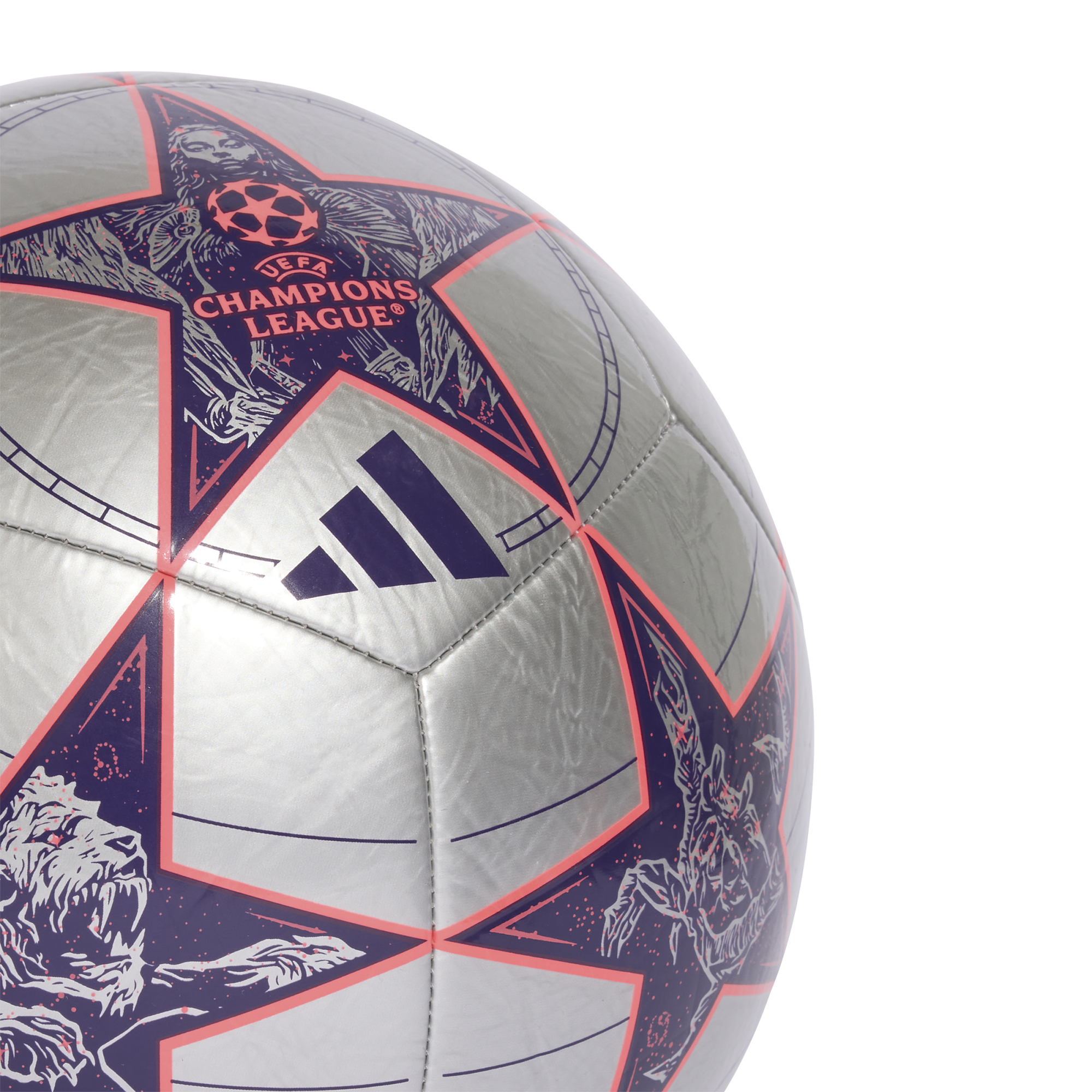 Silver Adidas UEFA Champions League soccer ball with purple star panels featuring intricate lion and character artwork.