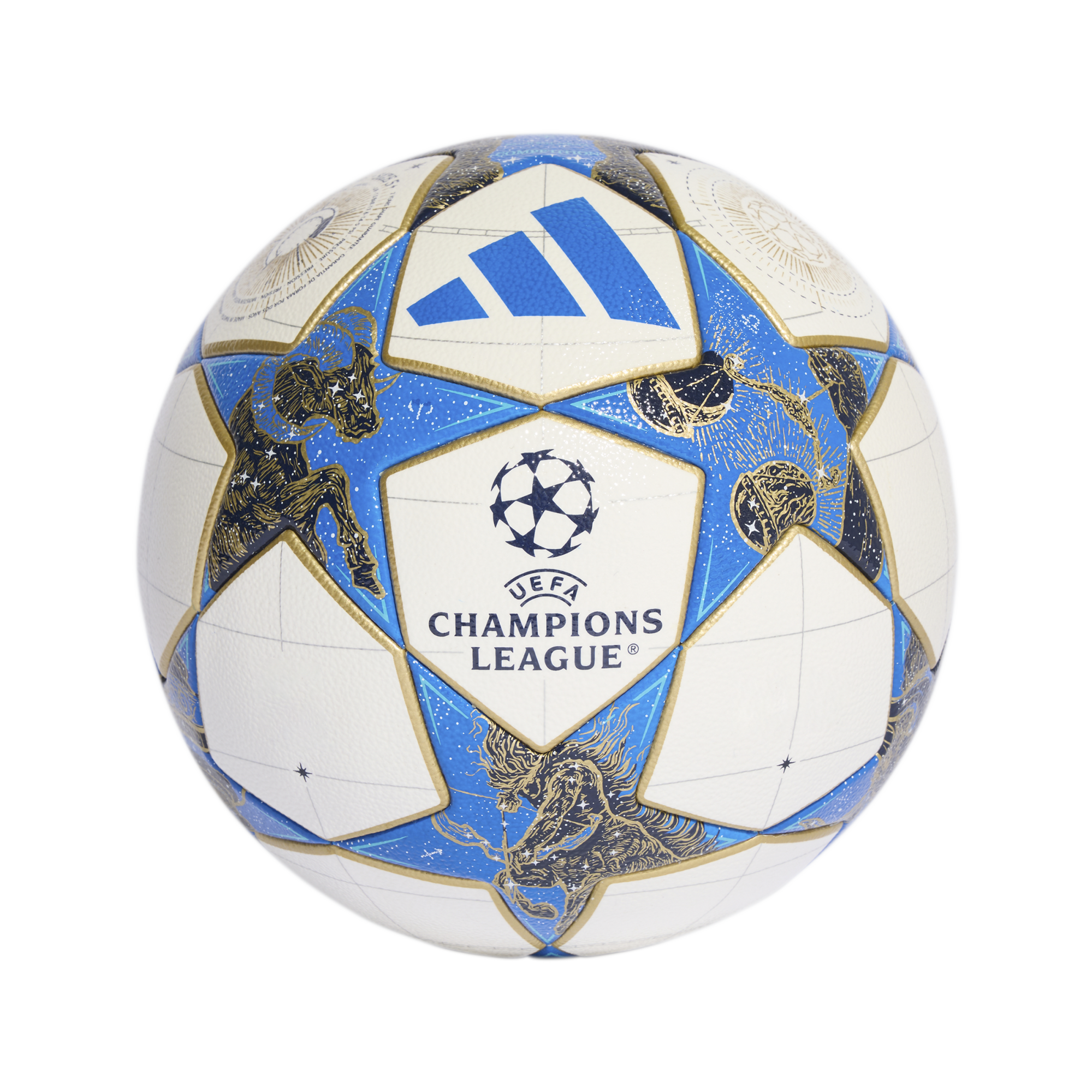 Adidas UEFA Champions League soccer ball with white panels and blue stars decorated with gold astrological symbols.