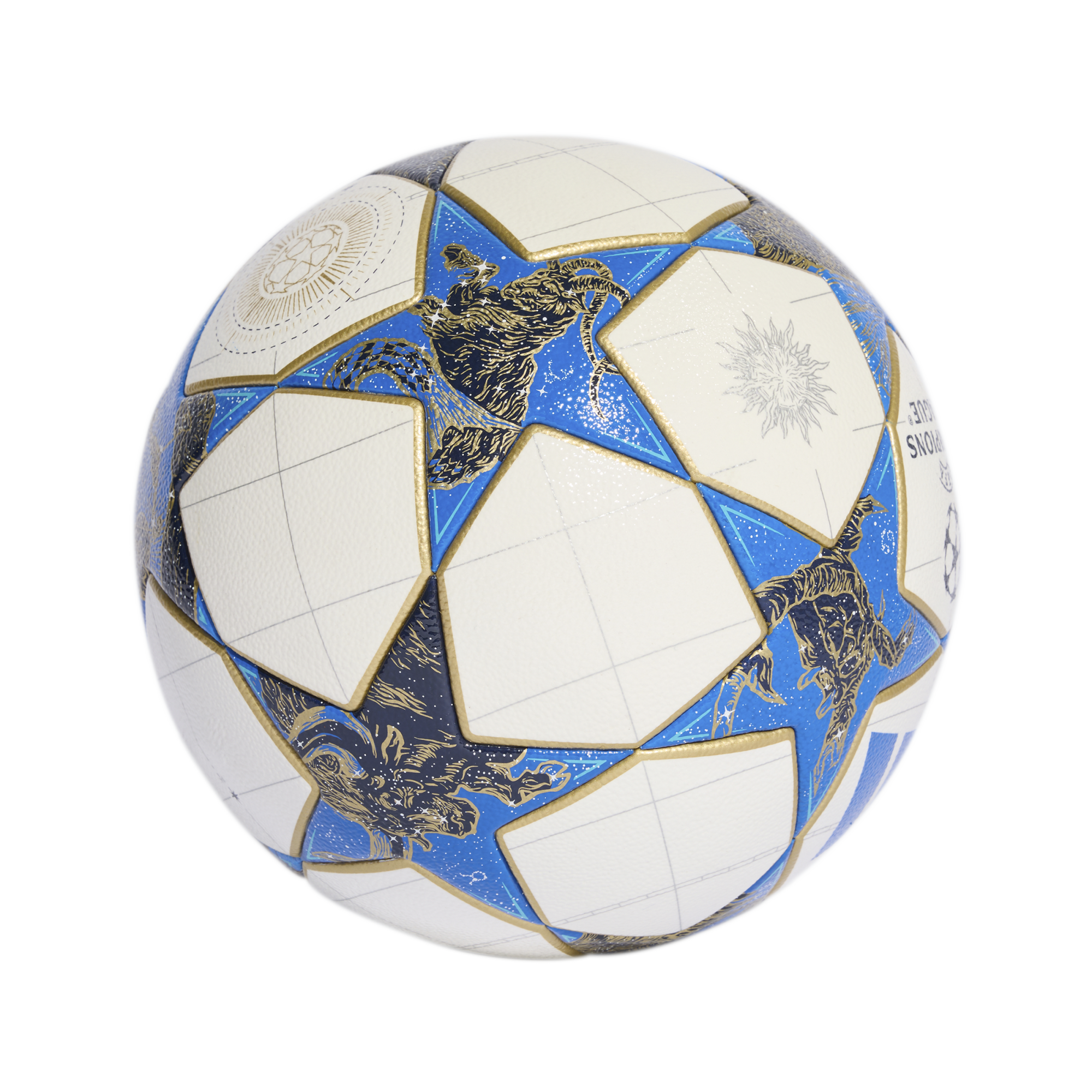 A white, blue, and gold UEFA Champions League soccer ball featuring star-shaped panels with gold animal illustrations, set against a solid black background.