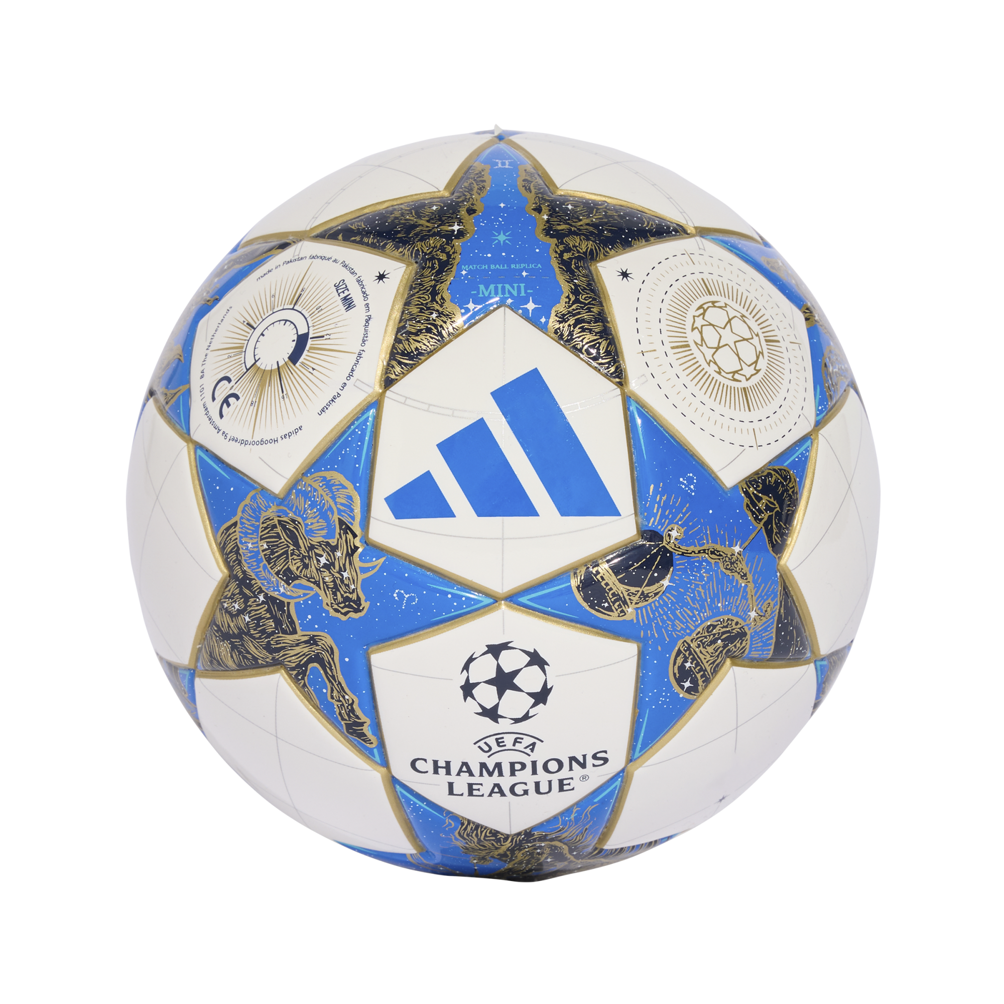 White UEFA Champions League mini soccer ball with blue star panels featuring gold zodiac designs and the Adidas logo, isolated on a black background.