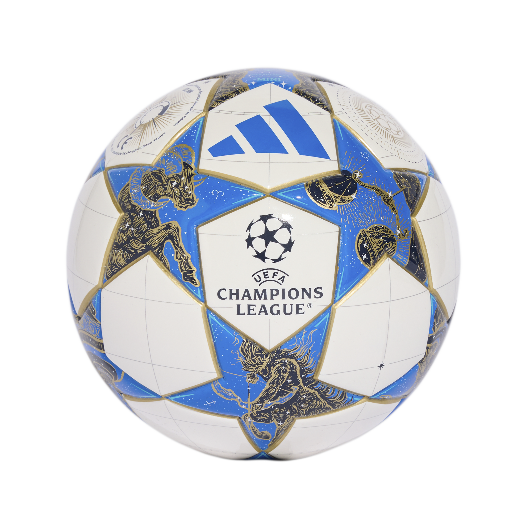 White and blue UEFA Champions League football with star-shaped panels decorated with gold zodiac illustrations and the Adidas and tournament logos.