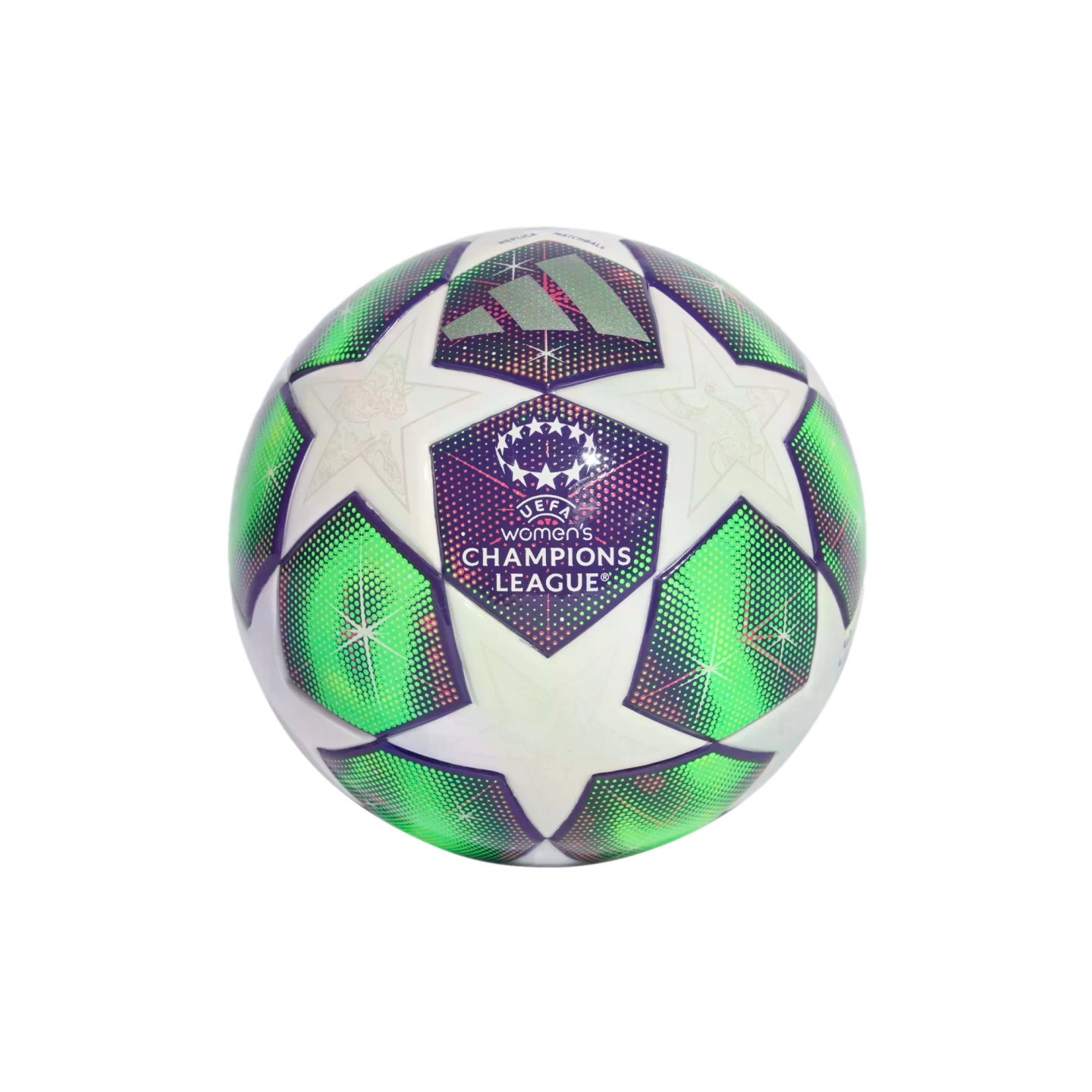 An Adidas UEFA Women's Champions League soccer ball with white stars and vibrant green and purple panels, isolated on a black background.
