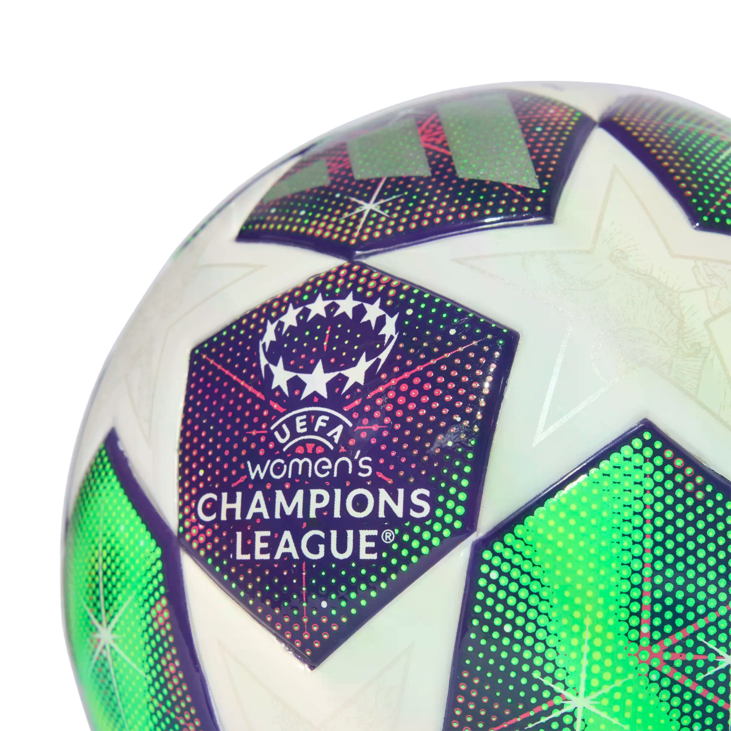 Close-up of a UEFA Women's Champions League soccer ball with white, green, and purple star-patterned panels against a black background.