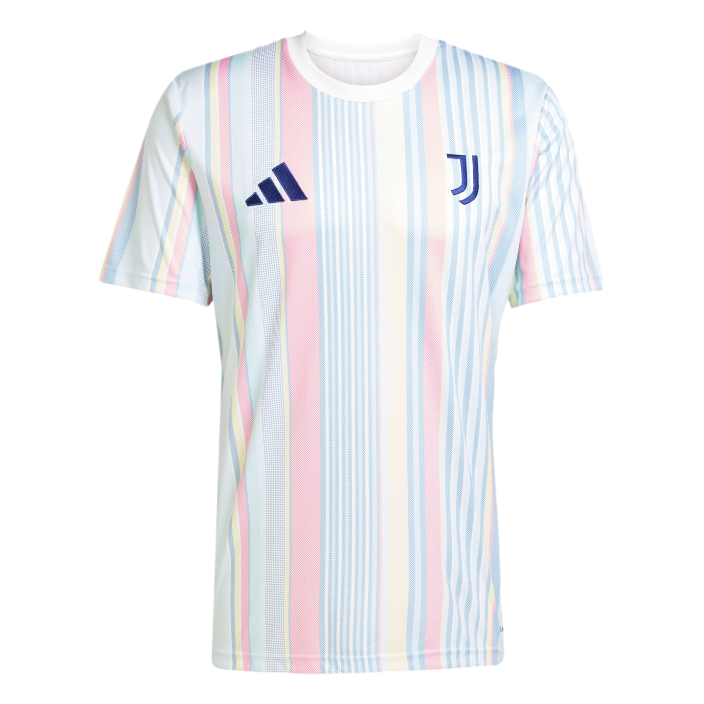 A Juventus soccer jersey featuring multicolored pastel vertical stripes with a navy blue Adidas logo and Juventus "J" logo on the chest.