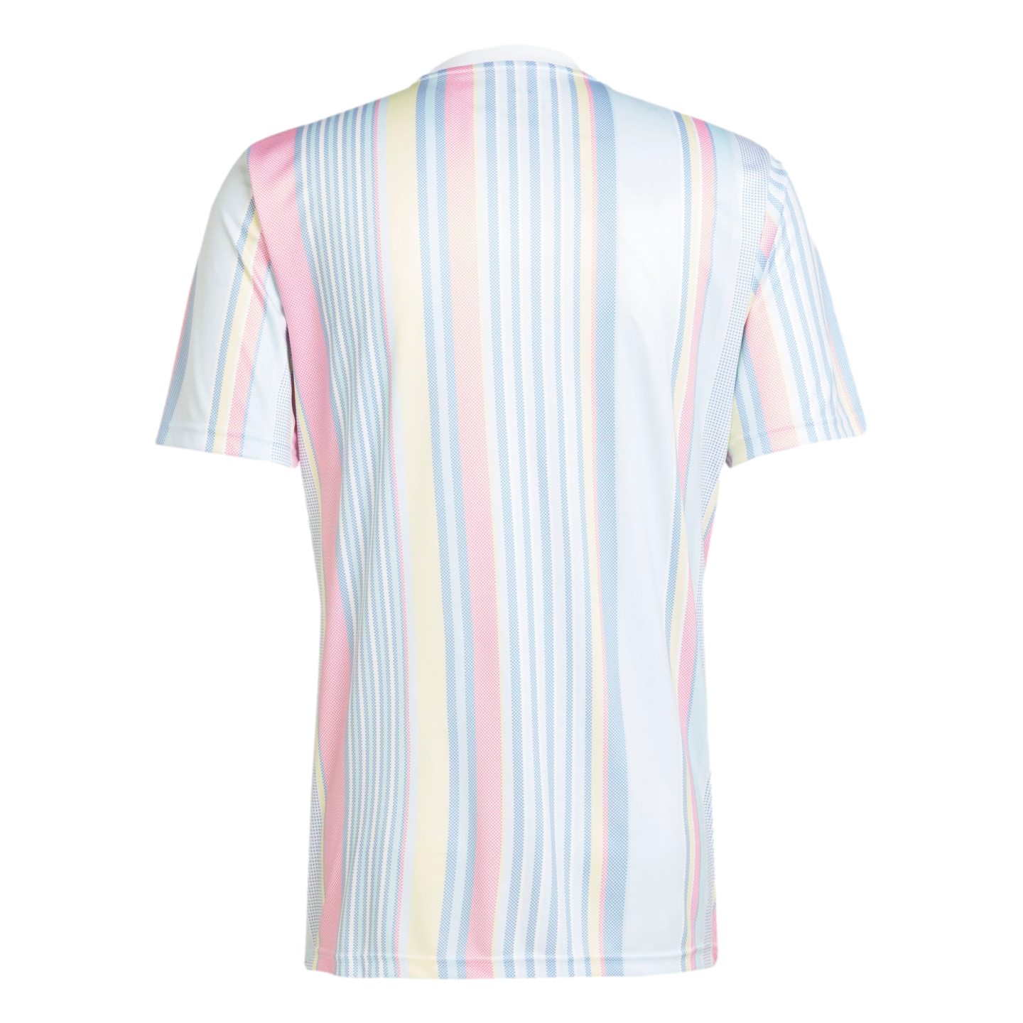 Back view of a short-sleeved t-shirt featuring a pastel vertical stripe pattern in light blue, pink, yellow, and white.
