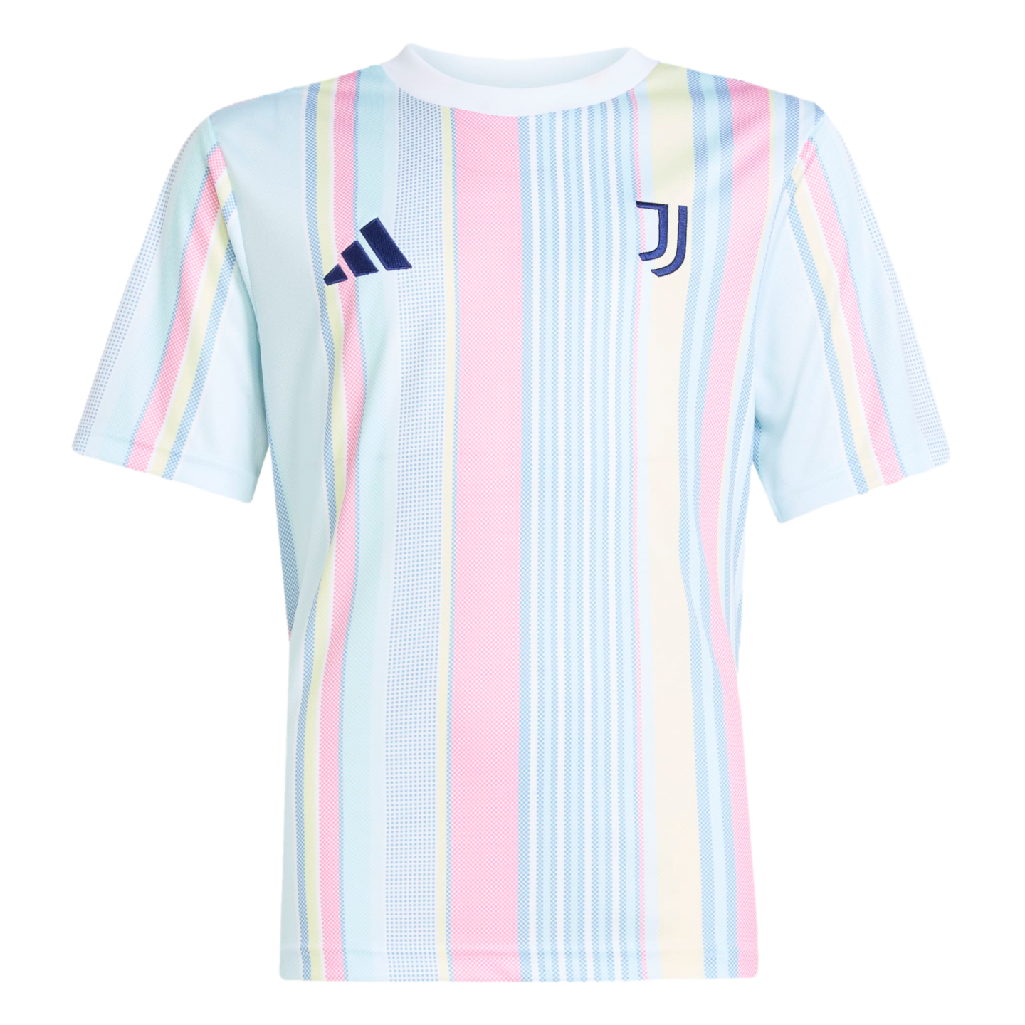 Short-sleeved Adidas Juventus jersey with vertical pastel pink, light blue, and yellow stripes and navy blue logos on the chest.